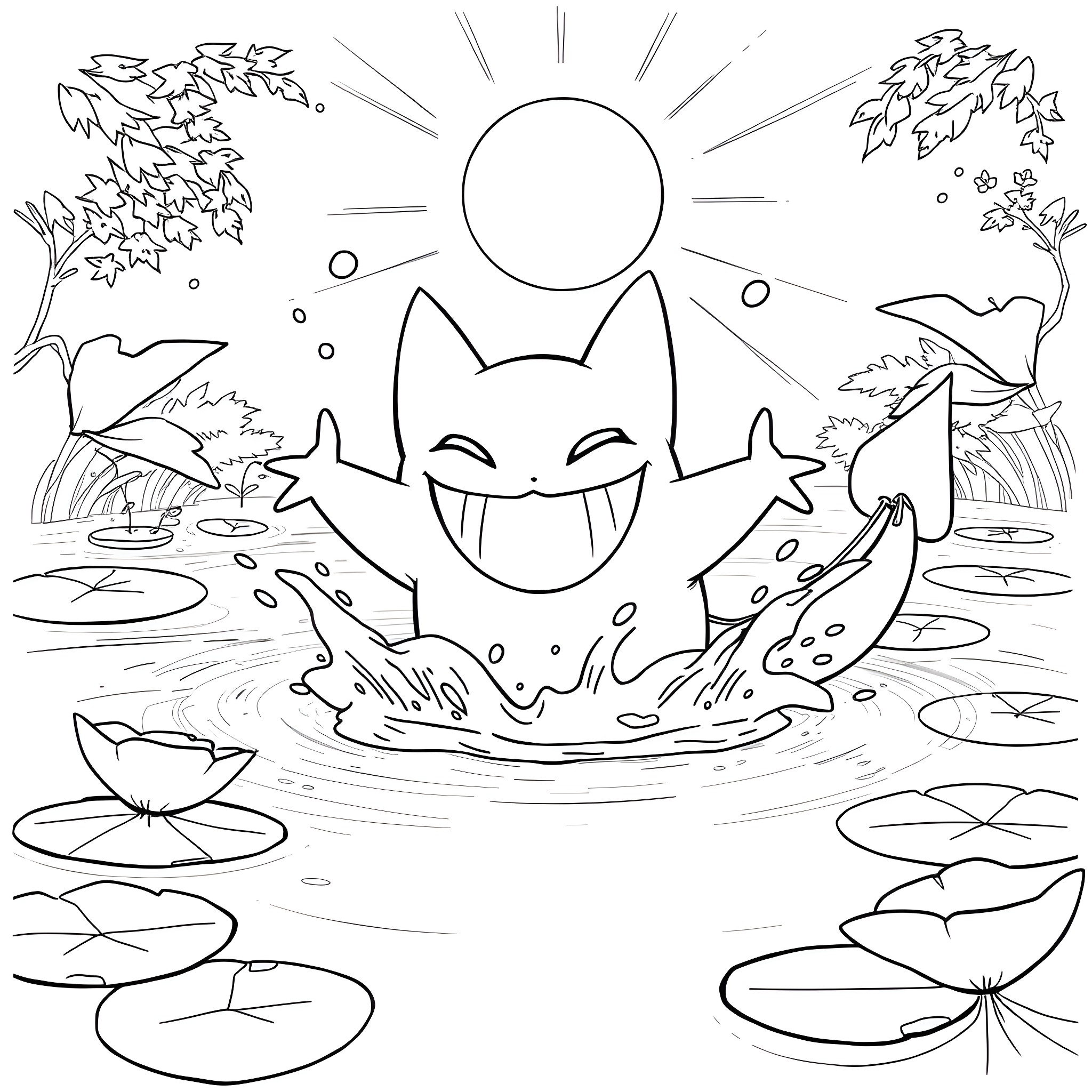 Gengar splashing joyfully in the pond Coloring Page (free black-and-white line drawing printable PDF for all, from beginners to advanced learners, including children, teens, adults, and seniors)