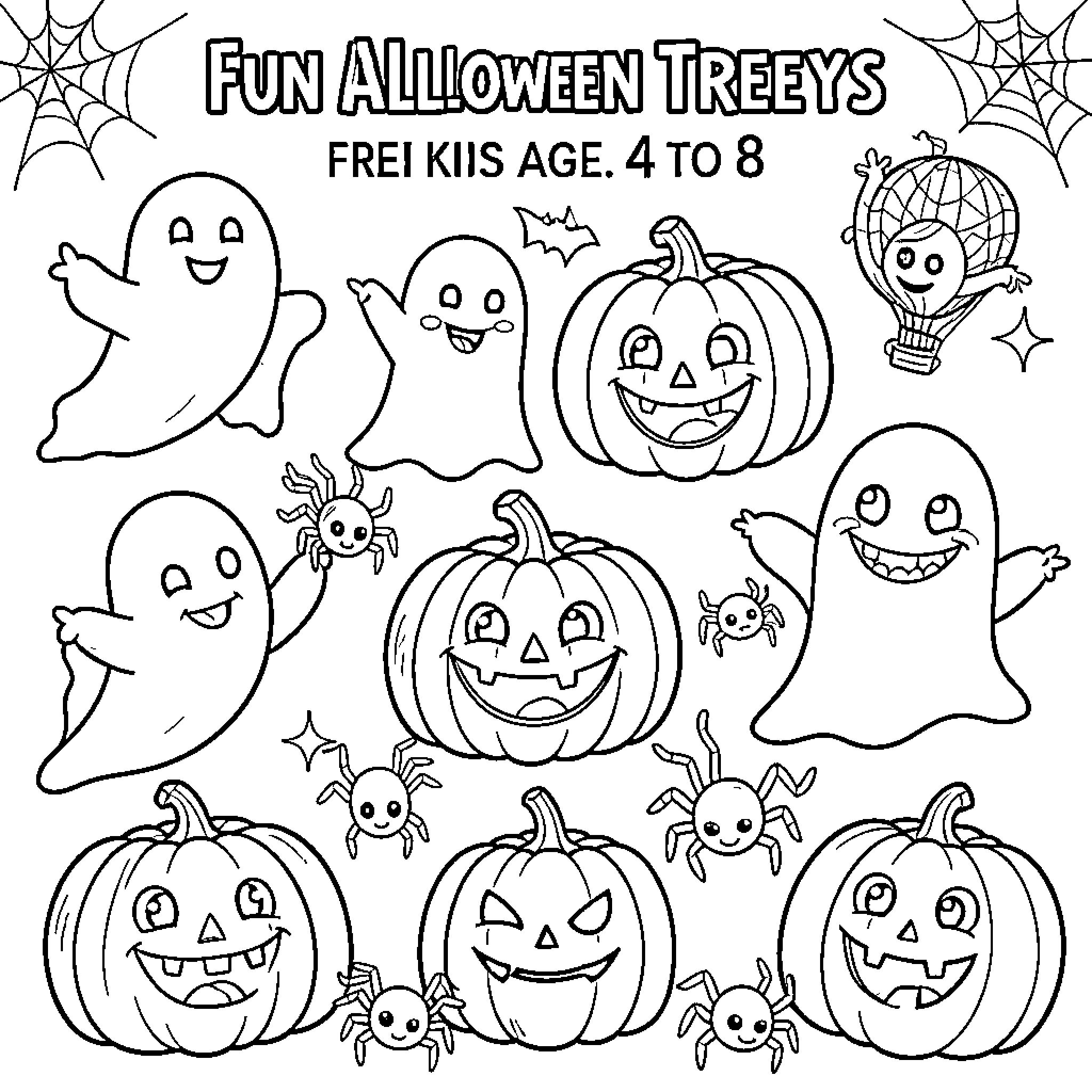 Halloween ghosts and smiling pumpkins dancing together Coloring Page (free black-and-white line drawing printable PDF for all, from beginners to advanced learners, including children, teens, adults, and seniors)