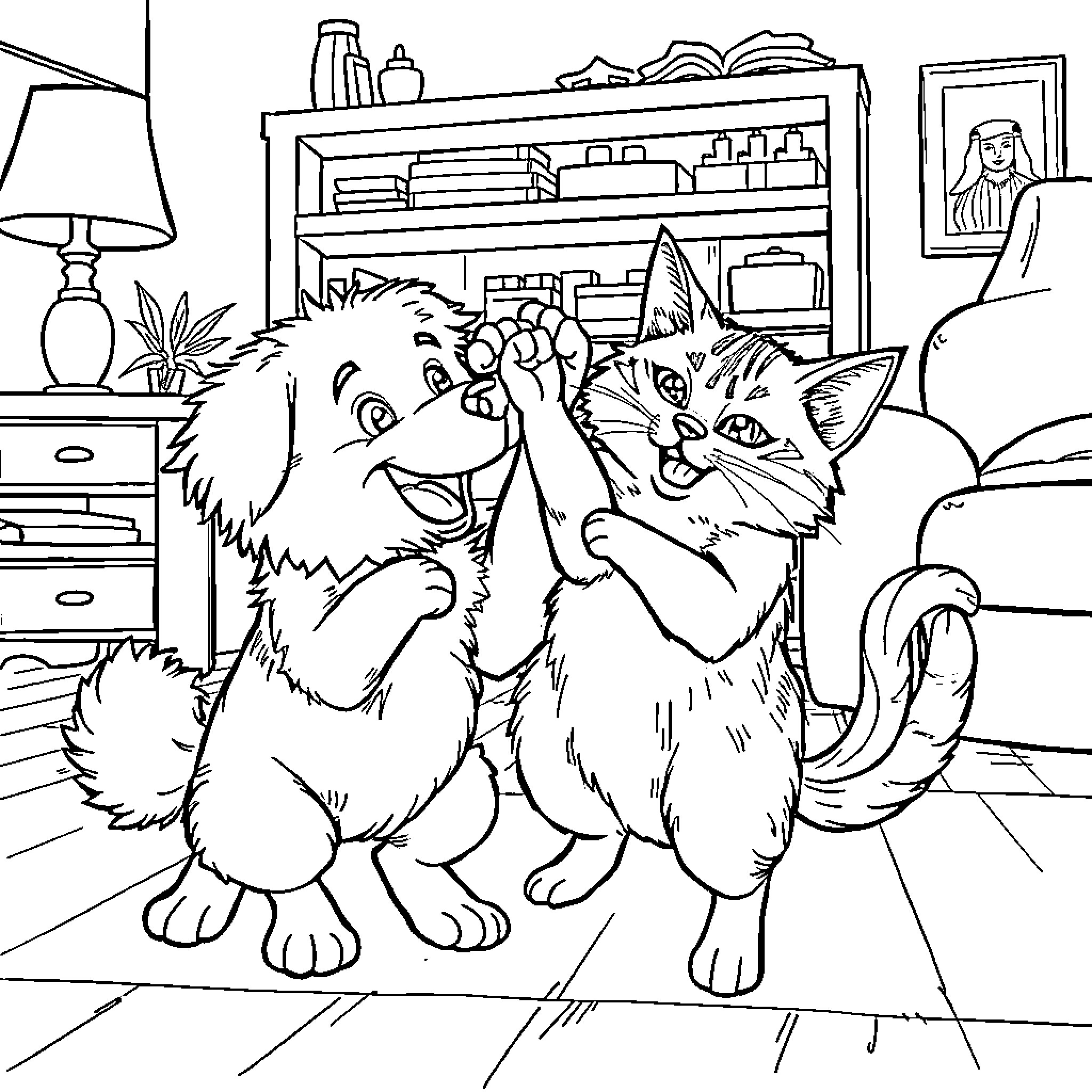 Dogs playing in a cozy room Coloring Page (free black-and-white line drawing printable PDF for all, from beginners to advanced learners, including children, teens, adults, and seniors)
