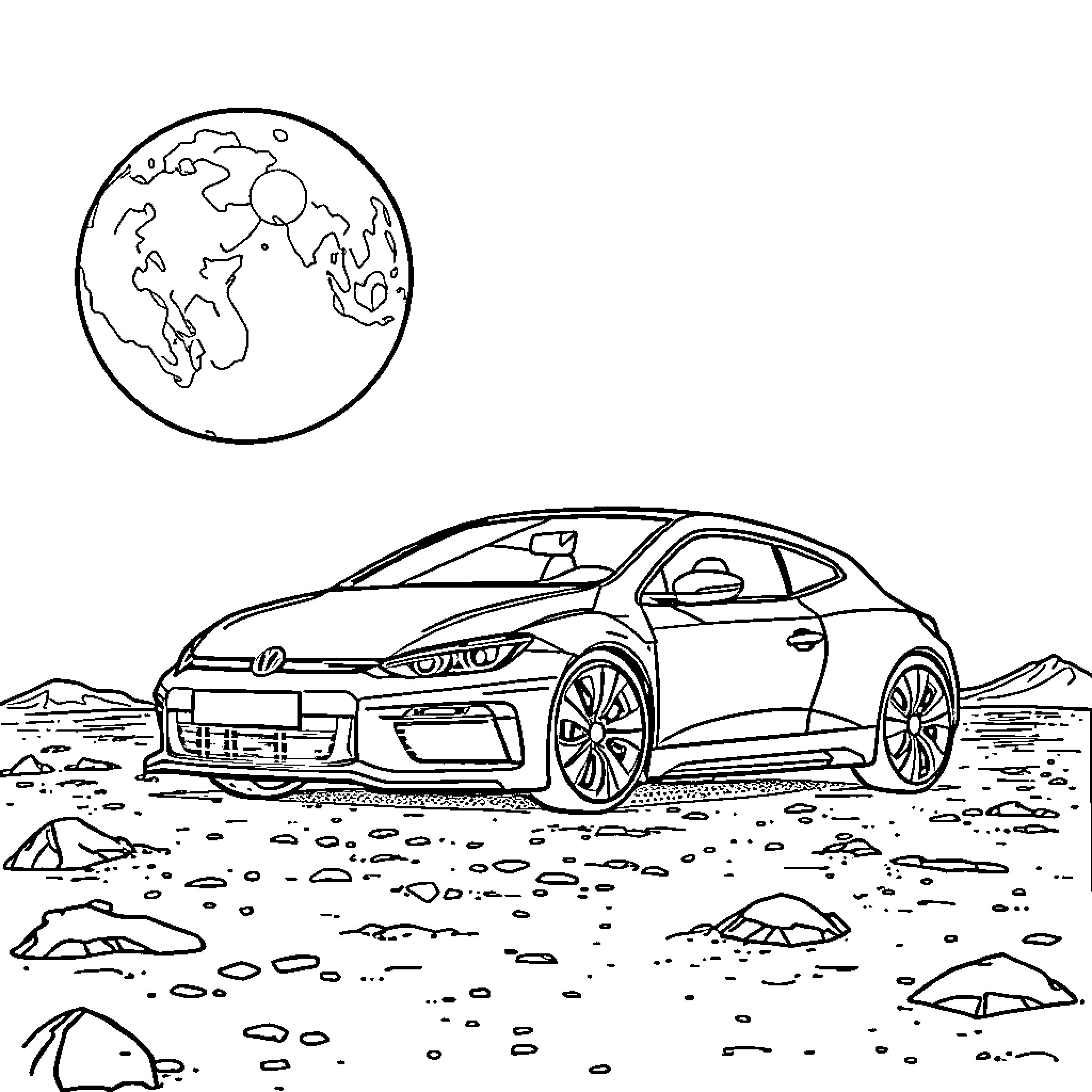 Scirocco sports car in a desert landscape Coloring Page (free black-and-white line drawing printable PDF for all, from beginners to advanced learners, including children, teens, adults, and seniors)