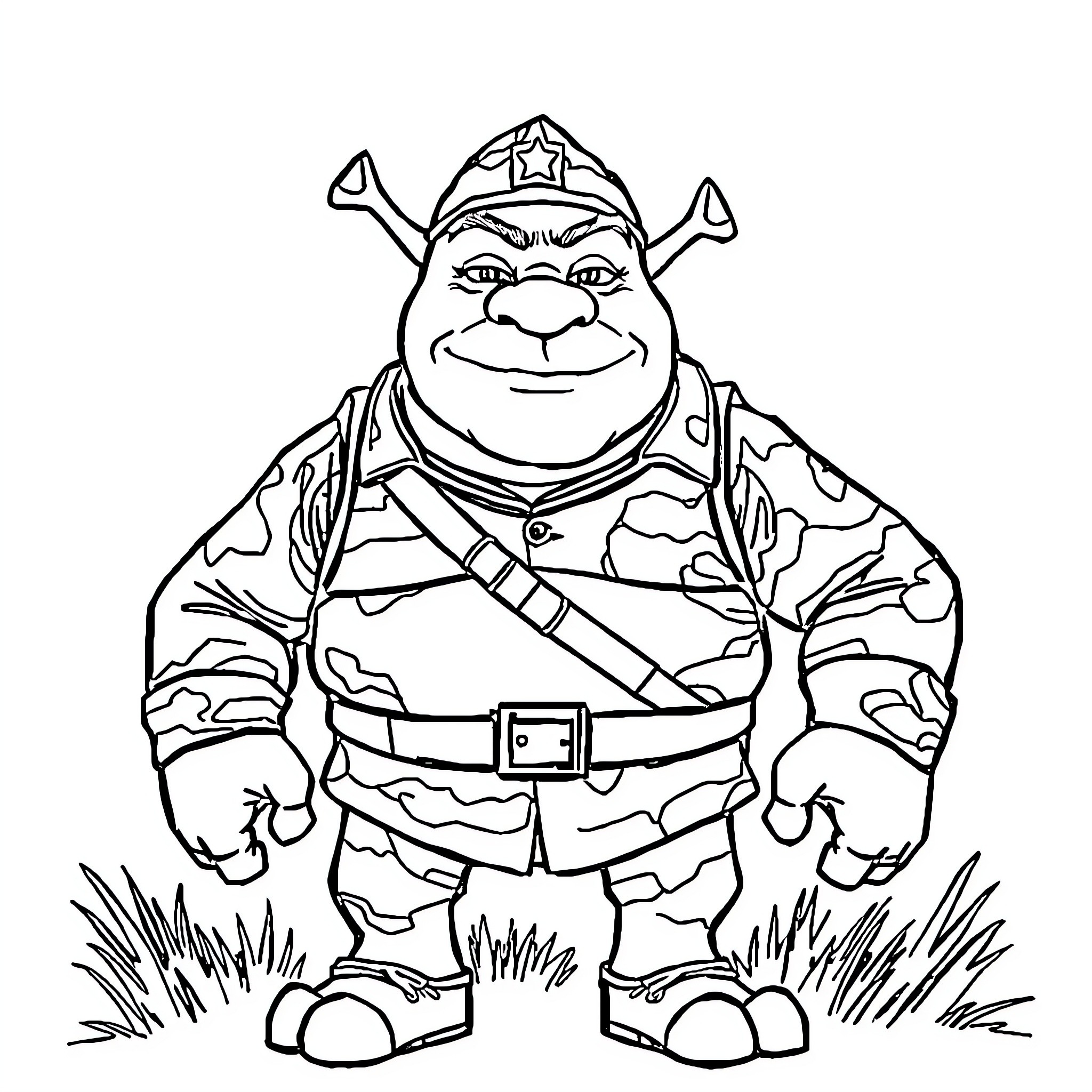 Shrek the Warrior in Heroic Pose Coloring Page (free black-and-white line drawing printable PDF for all, from beginners to advanced learners, including children, teens, adults, and seniors)