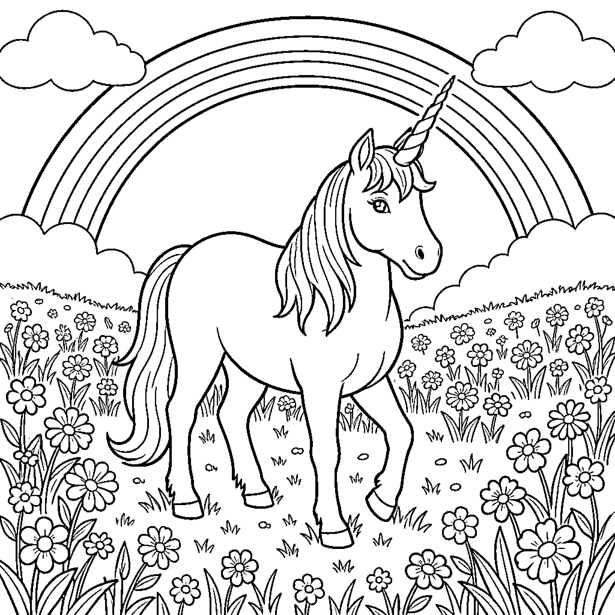 Unicorn standing gracefully in a field of flowers Coloring Page (free black-and-white line drawing printable PDF for all, from beginners to advanced learners, including children, teens, adults, and seniors)