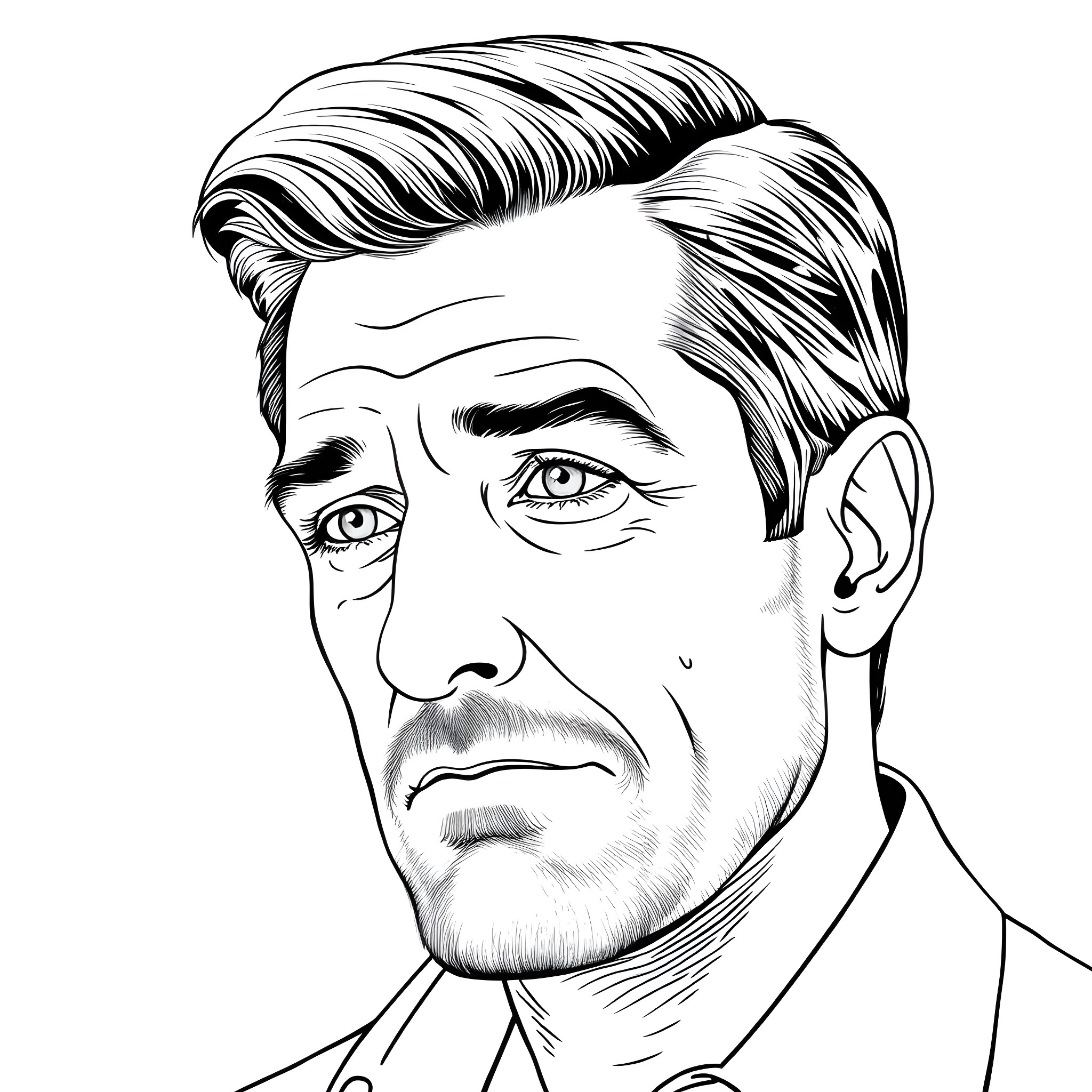 Bruce Bennet's serious expression in black and white portrait Coloring Page (free black-and-white line drawing printable PDF for all, from beginners to advanced learners, including children, teens, adults, and seniors)