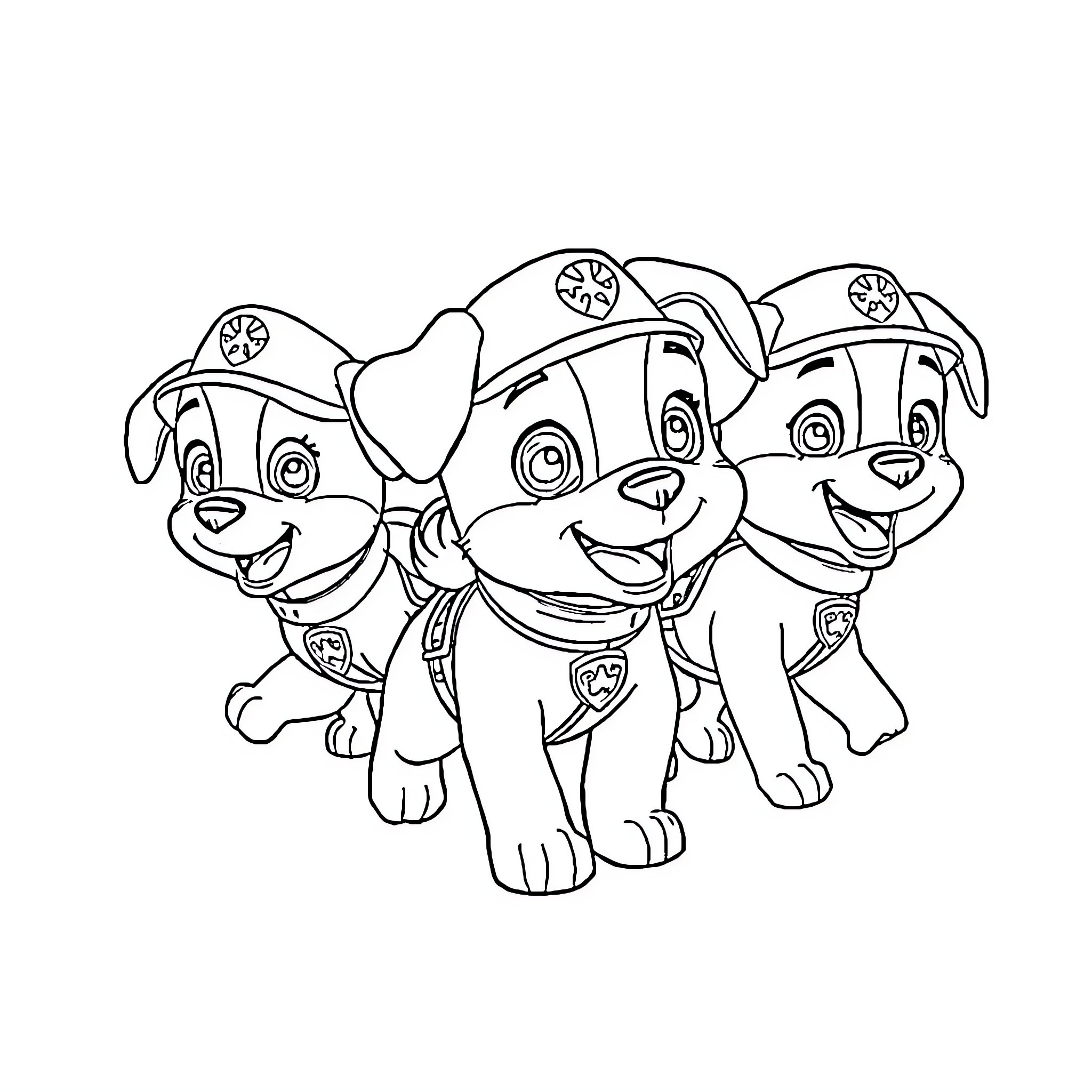 Paw Patrol Puppies Happily Together Coloring Page (free black-and-white line drawing printable PDF for all, from beginners to advanced learners, including children, teens, adults, and seniors)