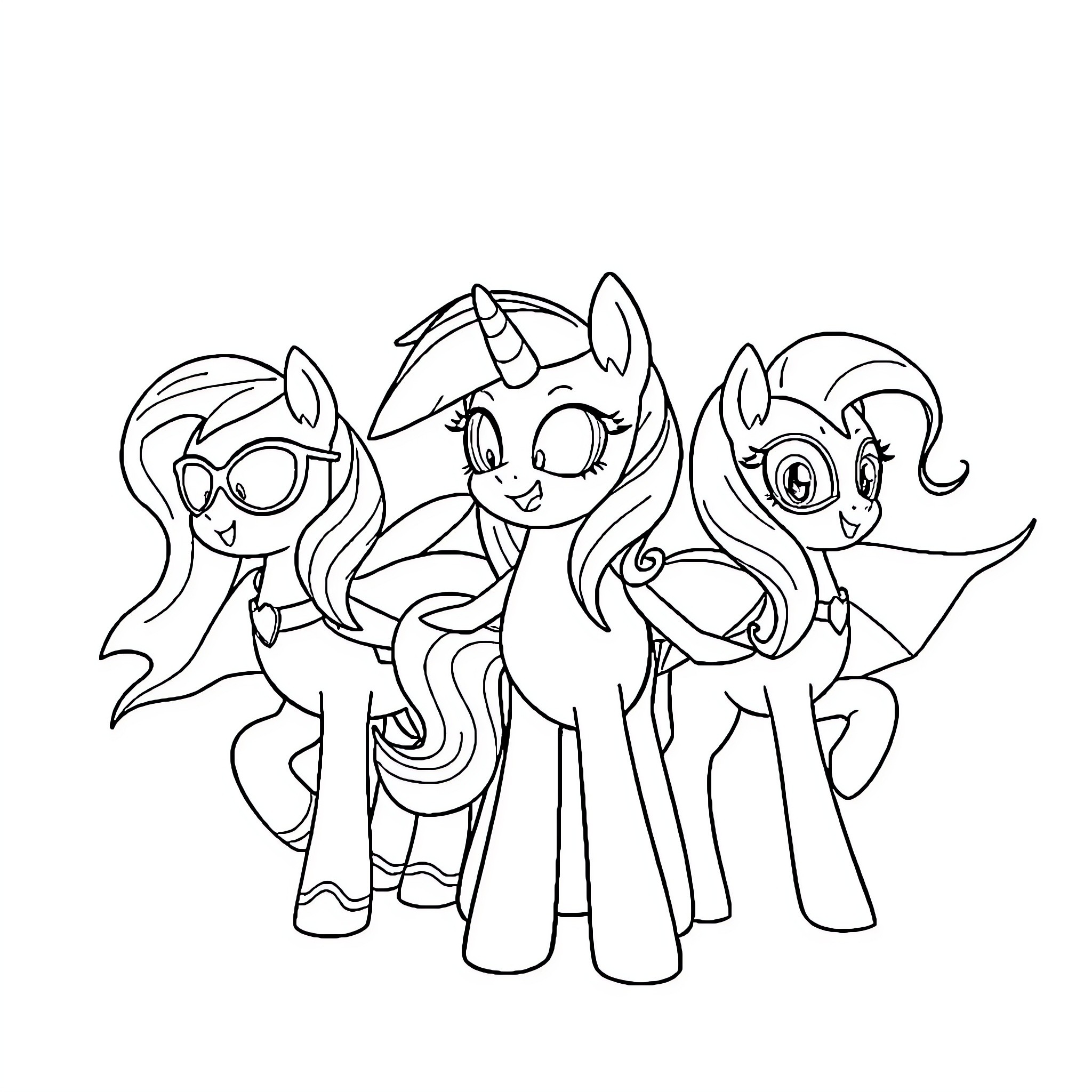 Pony friends posing together happily Coloring Page (free black-and-white line drawing printable PDF for all, from beginners to advanced learners, including children, teens, adults, and seniors)