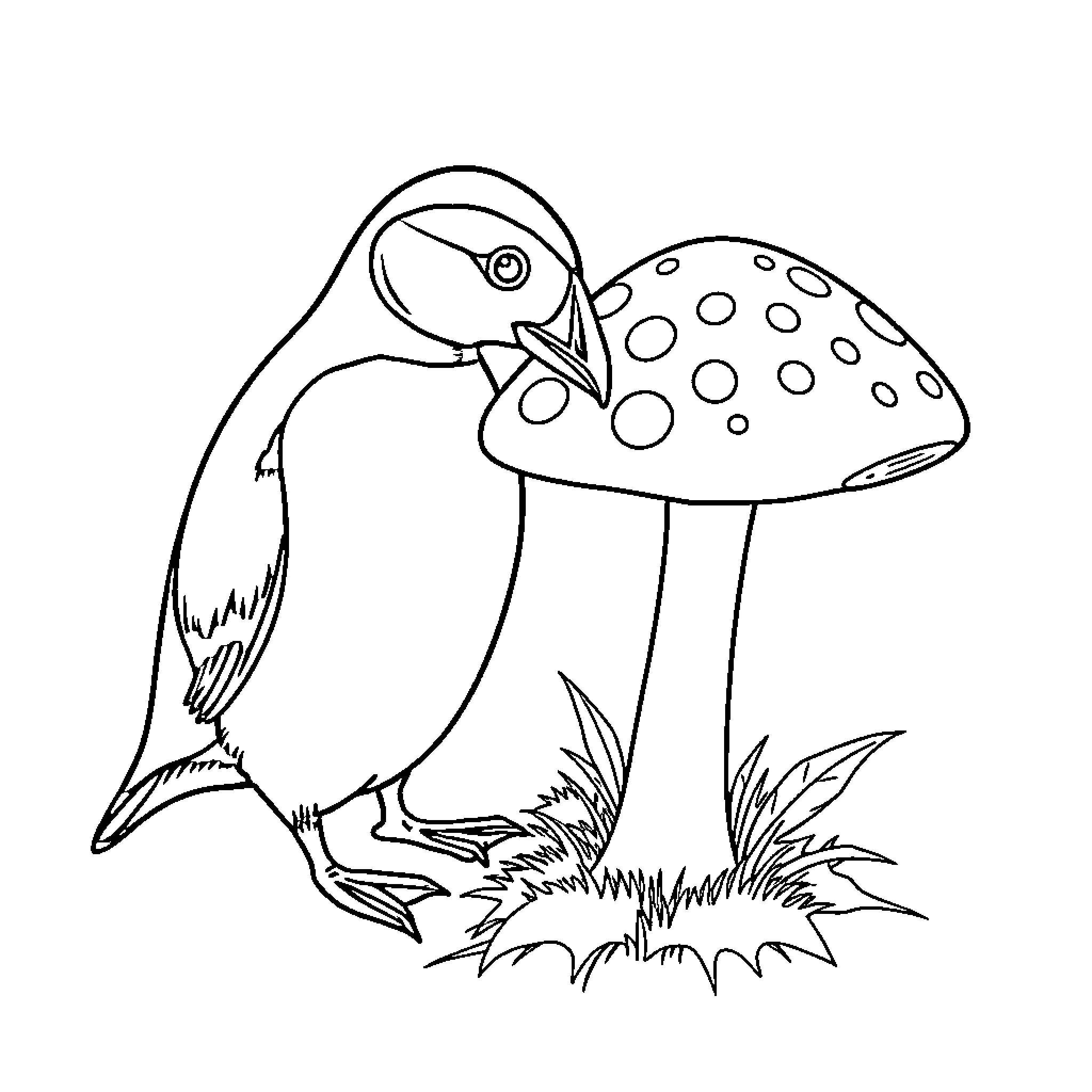 Penguin Standing Next to Spotted Mushroom Coloring Page (free black-and-white line drawing printable PDF for all, from beginners to advanced learners, including children, teens, adults, and seniors)