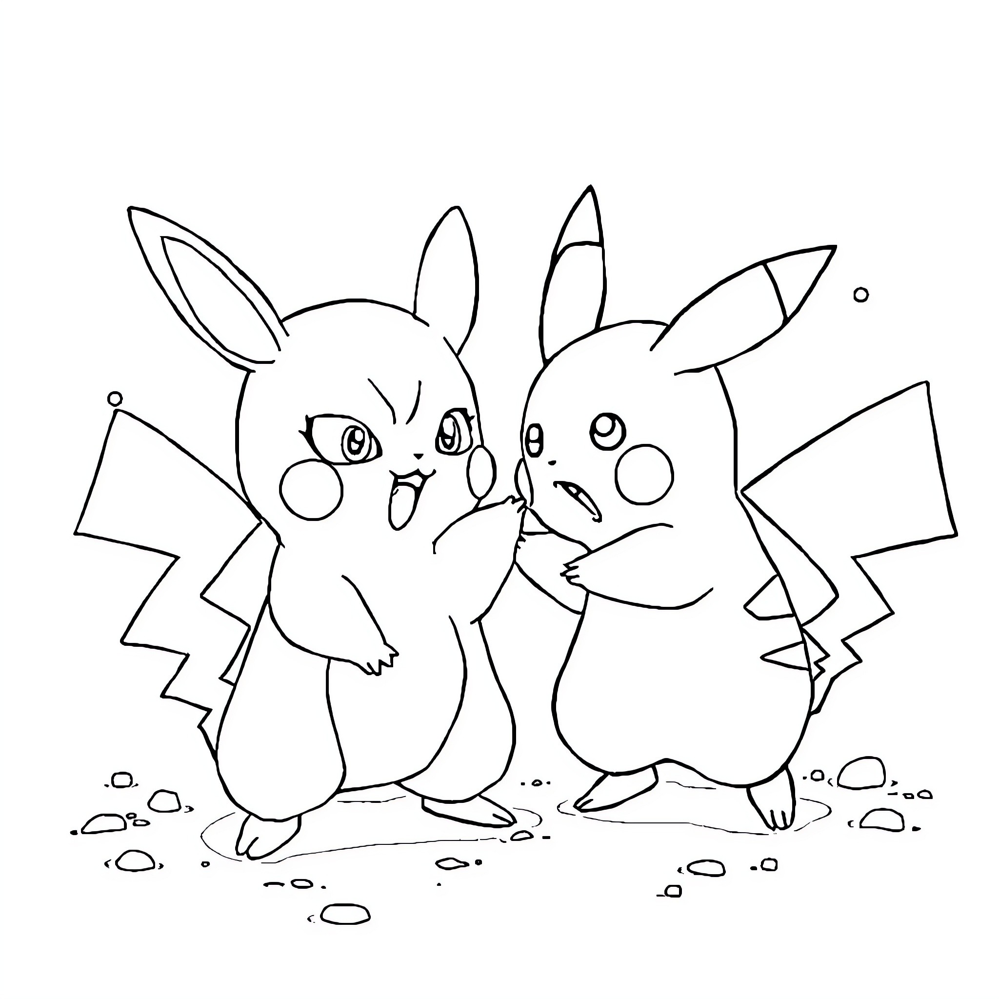 Pikachu and Friends Sharing a Playful Moment Coloring Page (free black-and-white line drawing printable PDF for all, from beginners to advanced learners, including children, teens, adults, and seniors)