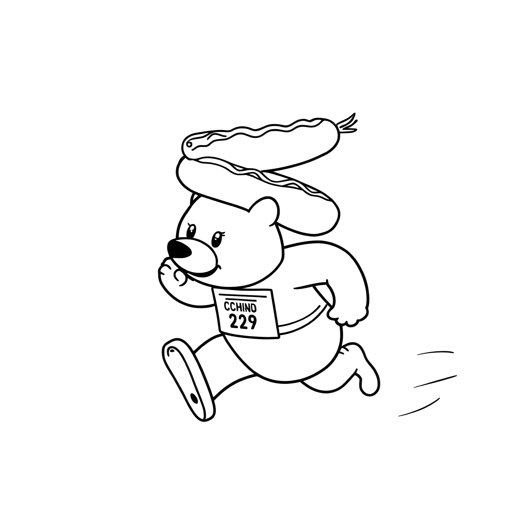 Bear running with hot dog in race Coloring Page (free black-and-white line drawing printable PDF for all, from beginners to advanced learners, including children, teens, adults, and seniors)