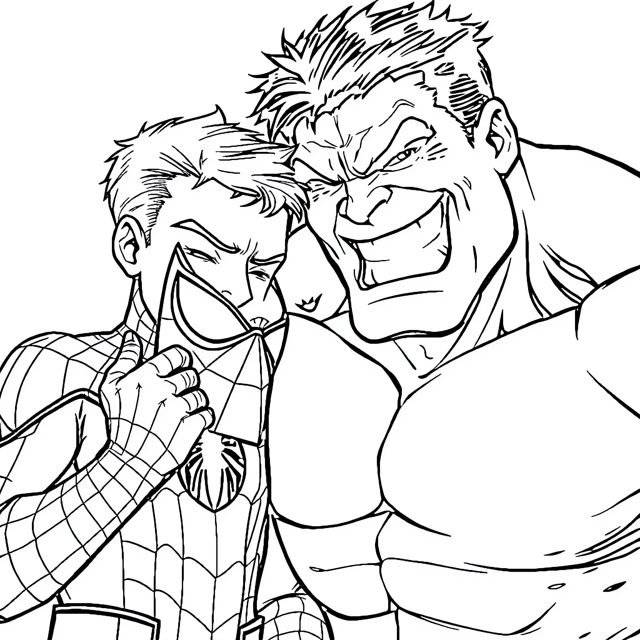 Peter Parker and Hulk battling in intense action Coloring Page (free black-and-white line drawing printable PDF for all, from beginners to advanced learners, including children, teens, adults, and seniors)