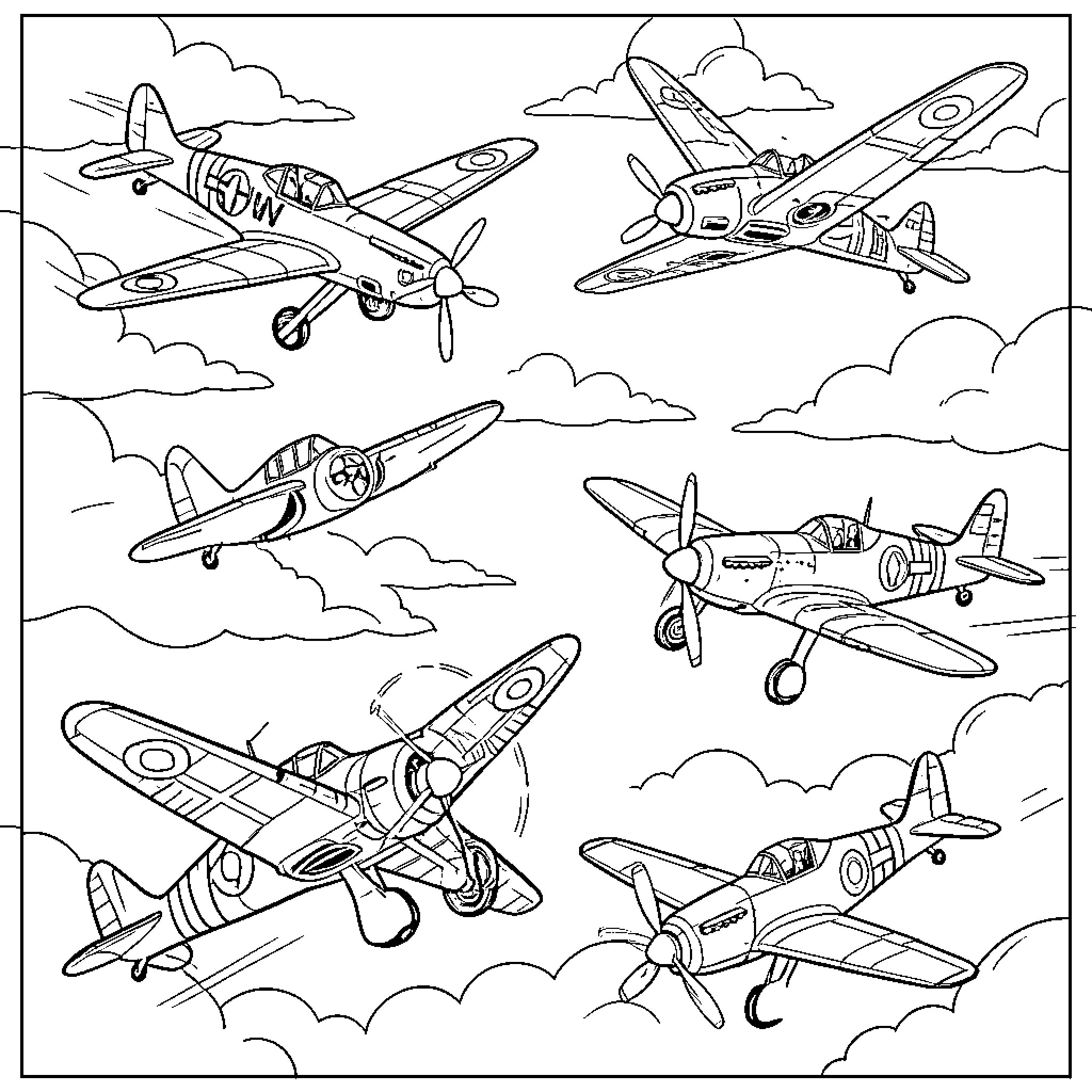 Fighter Planes Soaring Through the Skies Coloring Page (free black-and-white line drawing printable PDF for all, from beginners to advanced learners, including children, teens, adults, and seniors)