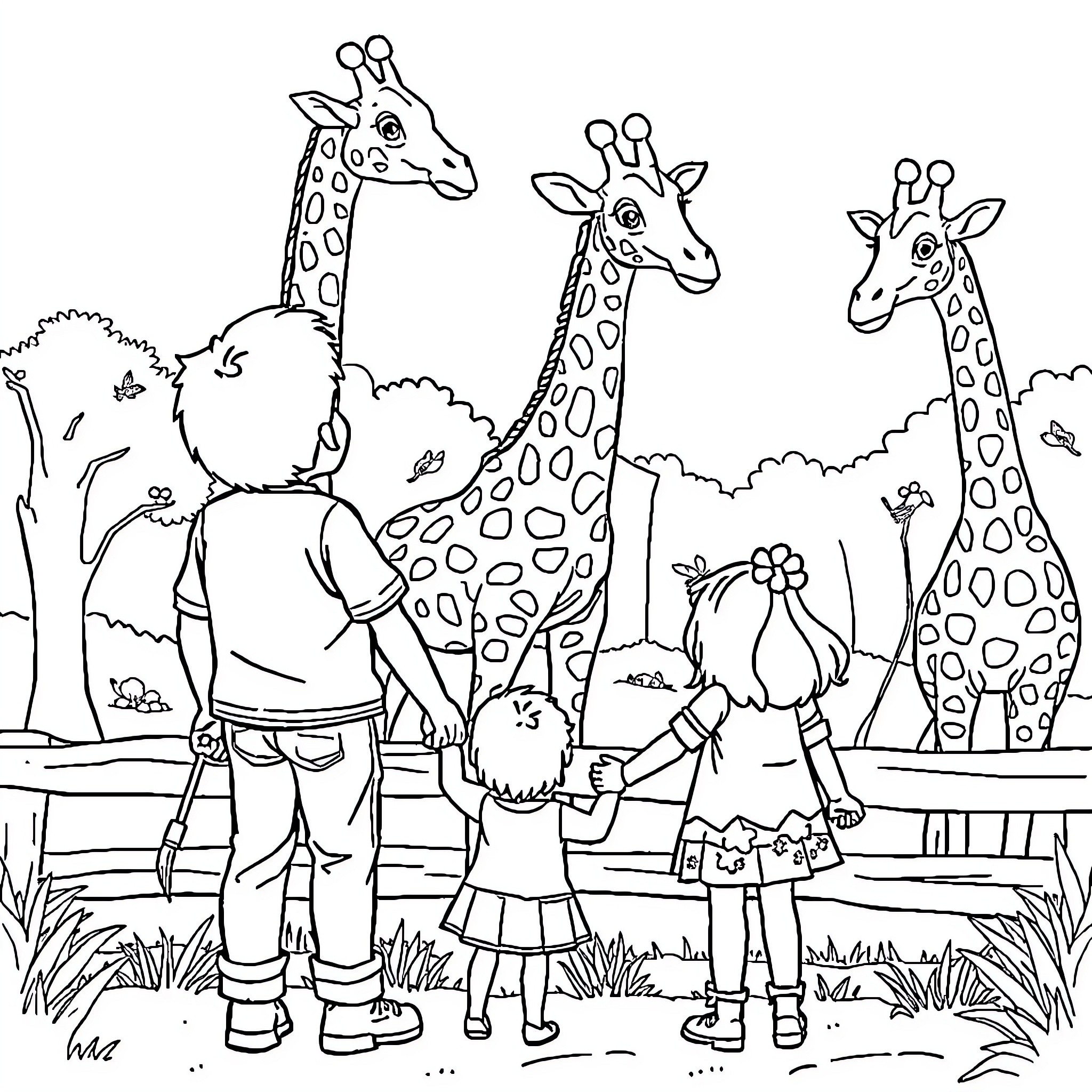 Siblings explore the zoo with giraffes Coloring Page (free black-and-white line drawing printable PDF for all, from beginners to advanced learners, including children, teens, adults, and seniors)