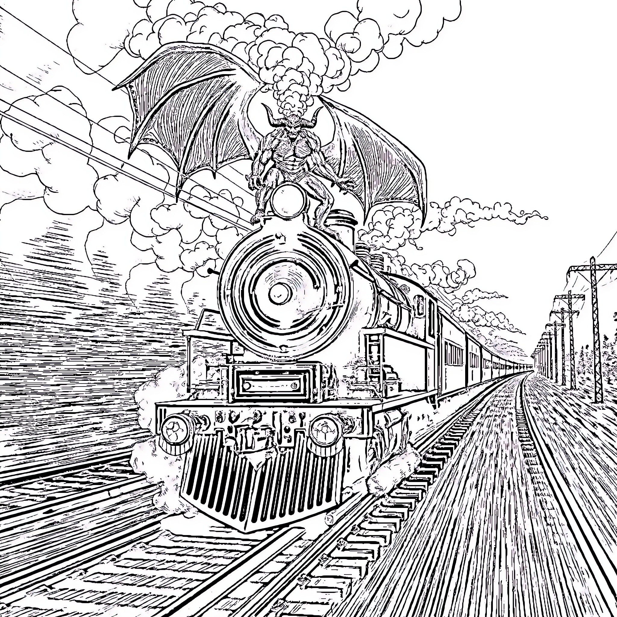 Demon Train of Terror Thundering through the Clouds Coloring Page (free black-and-white line drawing printable PDF for all, from beginners to advanced learners, including children, teens, adults, and seniors)