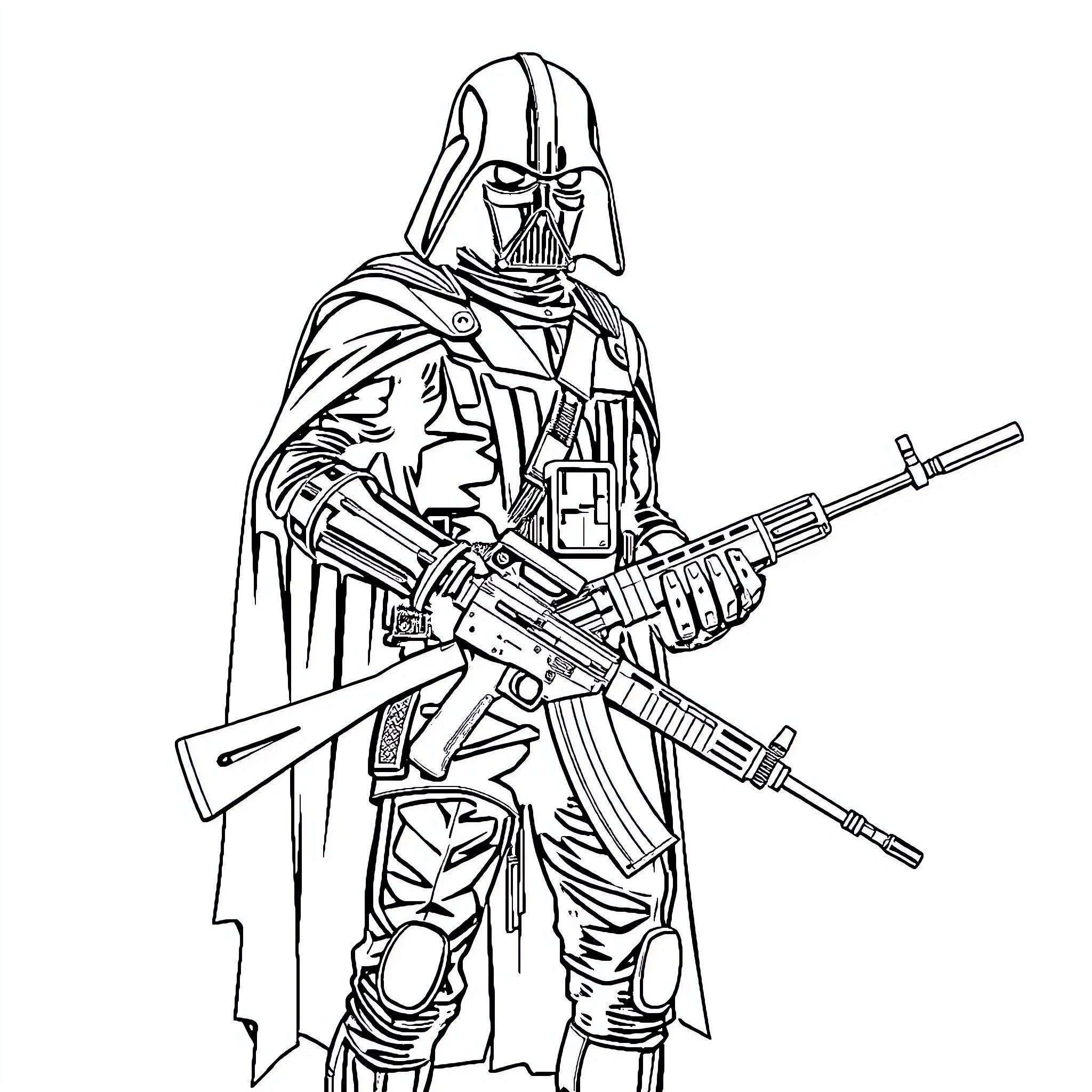 Darth Vader wielding fearsome weapons Coloring Page (free black-and-white line drawing printable PDF for all, from beginners to advanced learners, including children, teens, adults, and seniors)