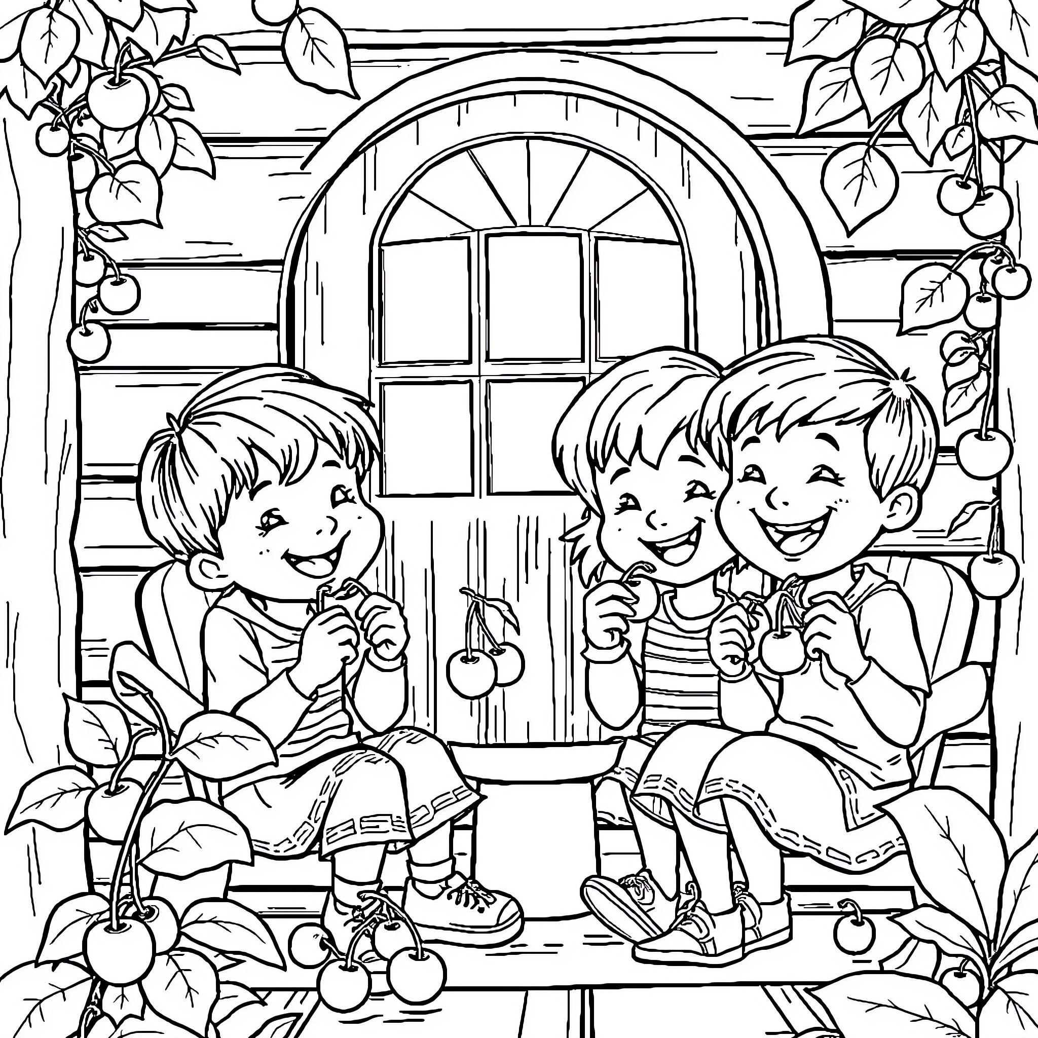 Kid playing joyfully in rustic setting Coloring Page (free black-and-white line drawing printable PDF for all, from beginners to advanced learners, including children, teens, adults, and seniors)