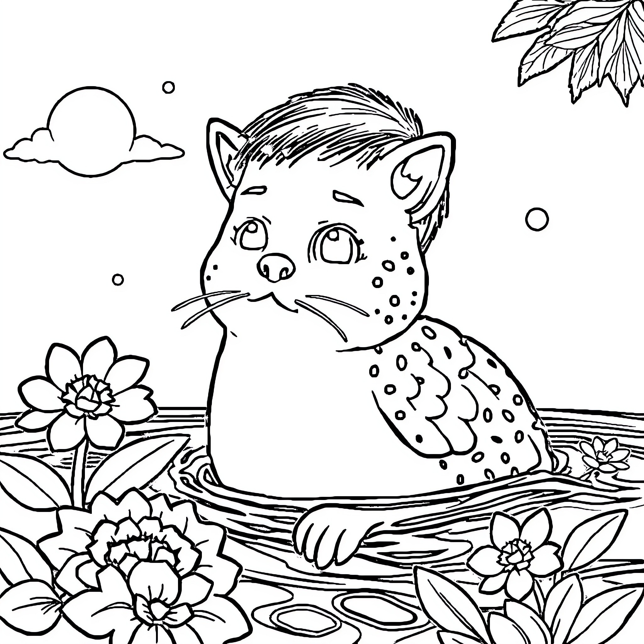Swimming with spotted feline in flower-filled pond Coloring Page (free black-and-white line drawing printable PDF for all, from beginners to advanced learners, including children, teens, adults, and seniors)