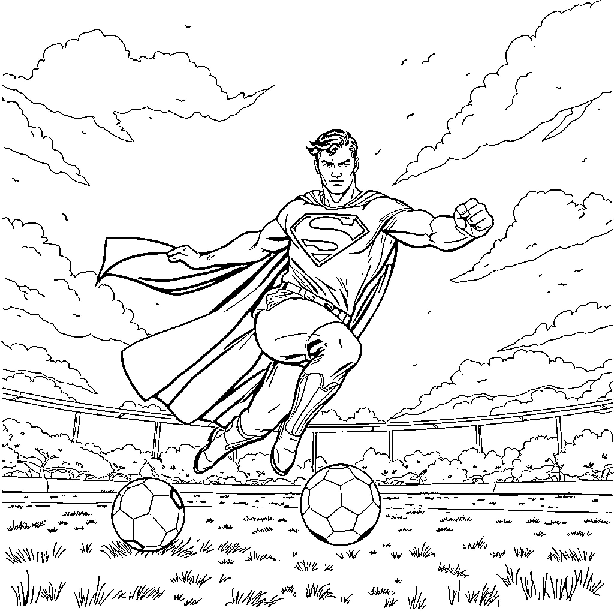 Superman playing soccer in the sky Coloring Page (free black-and-white line drawing printable PDF for all, from beginners to advanced learners, including children, teens, adults, and seniors)