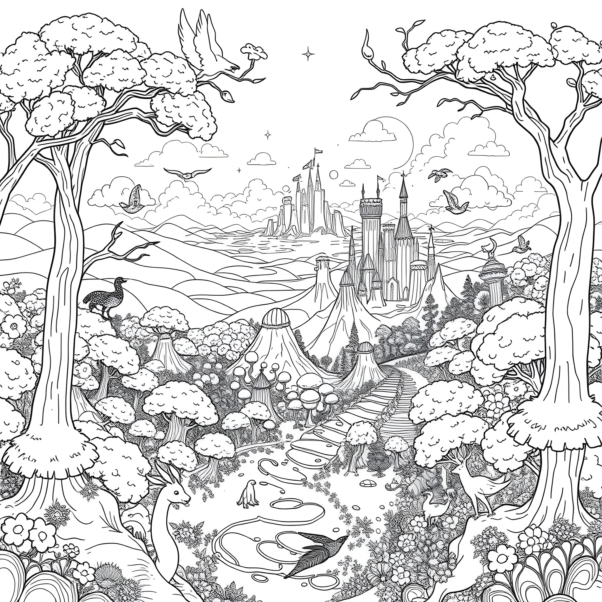 Nature filled with enchanting landscapes and fantastical creatures Coloring Page (free black-and-white line drawing printable PDF for all, from beginners to advanced learners, including children, teens, adults, and seniors)