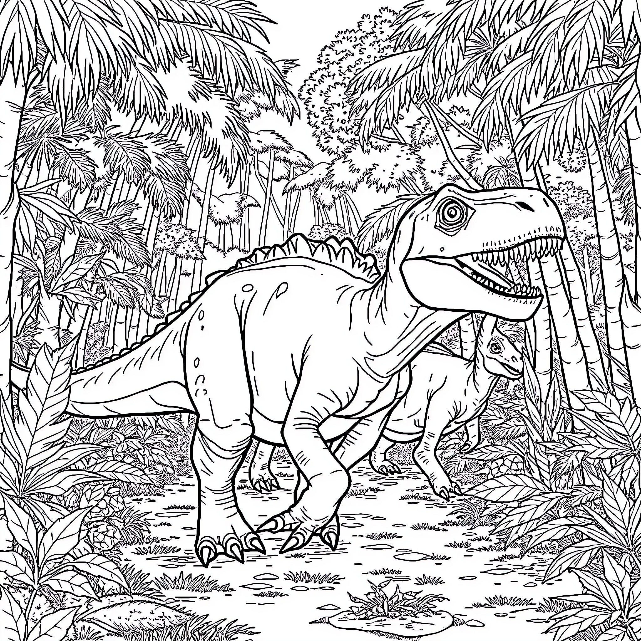 Dinosaur in lush prehistoric jungle landscape Coloring Page (free black-and-white line drawing printable PDF for all, from beginners to advanced learners, including children, teens, adults, and seniors)