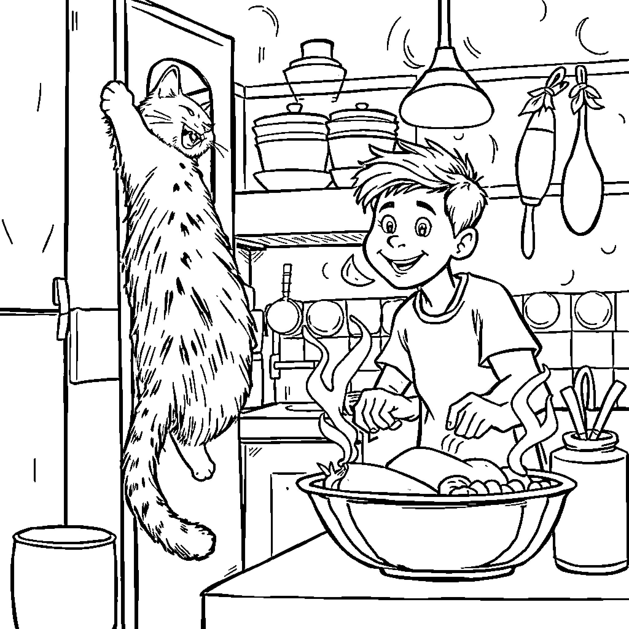 Gato helping a boy in the kitchen Coloring Page (free black-and-white line drawing printable PDF for all, from beginners to advanced learners, including children, teens, adults, and seniors)