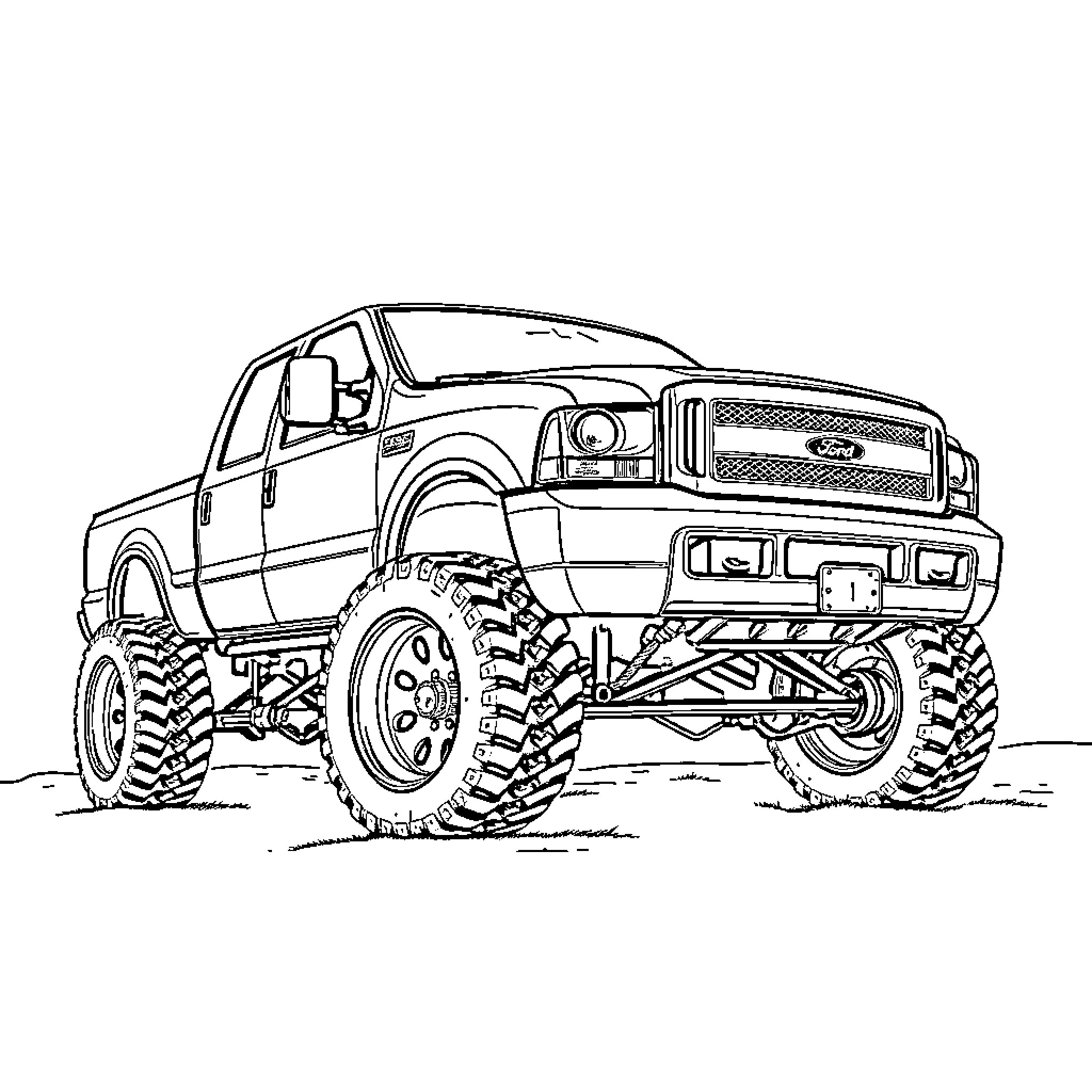Ford F250 Monster Truck on Rugged Terrain Coloring Page (free black-and-white line drawing printable PDF for all, from beginners to advanced learners, including children, teens, adults, and seniors)