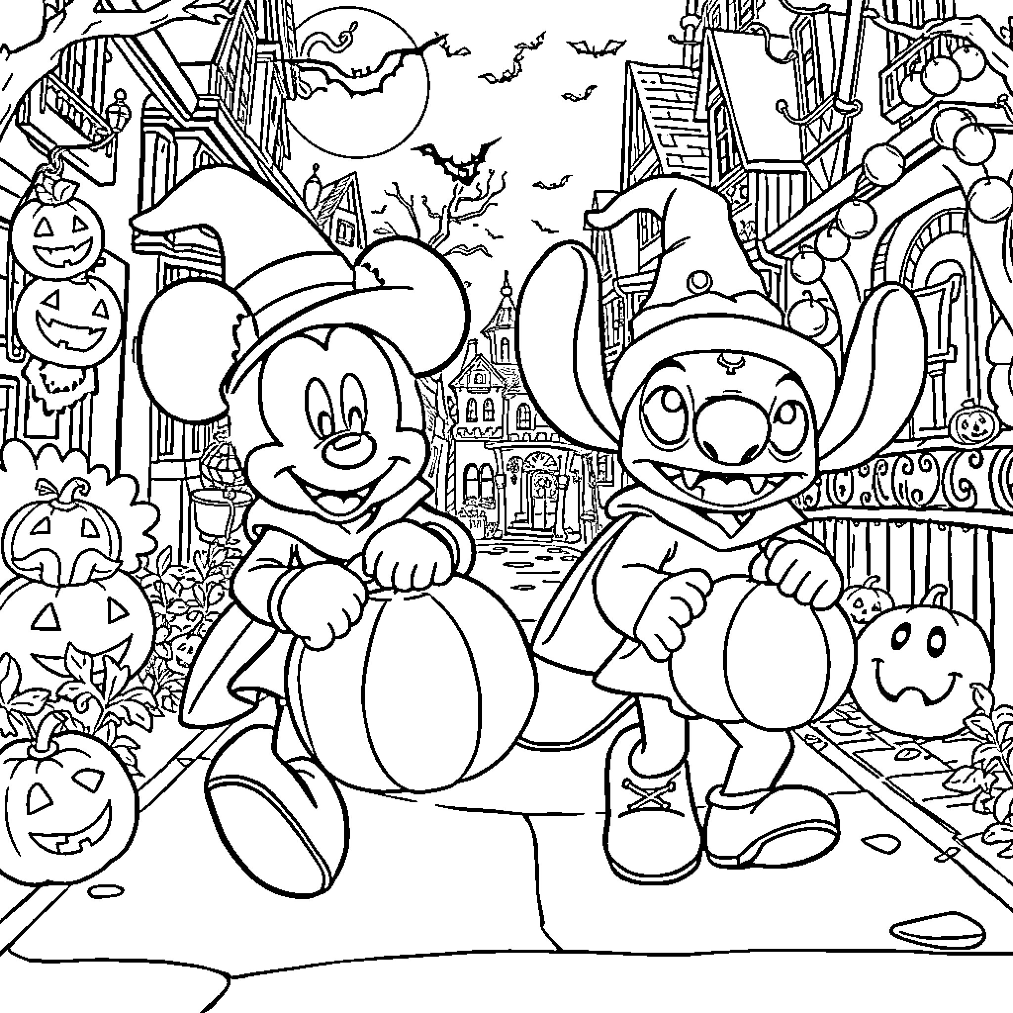 Mickey Mouse and Stitch Celebrate Halloween in the City Coloring Page (free black-and-white line drawing printable PDF for all, from beginners to advanced learners, including children, teens, adults, and seniors)