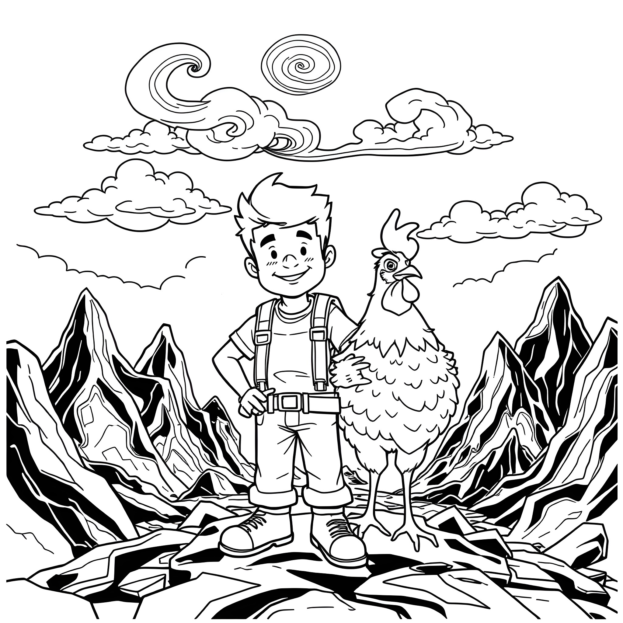 Chicken Herder Boy Exploring the Mountainous Landscape Coloring Page (free black-and-white line drawing printable PDF for all, from beginners to advanced learners, including children, teens, adults, and seniors)
