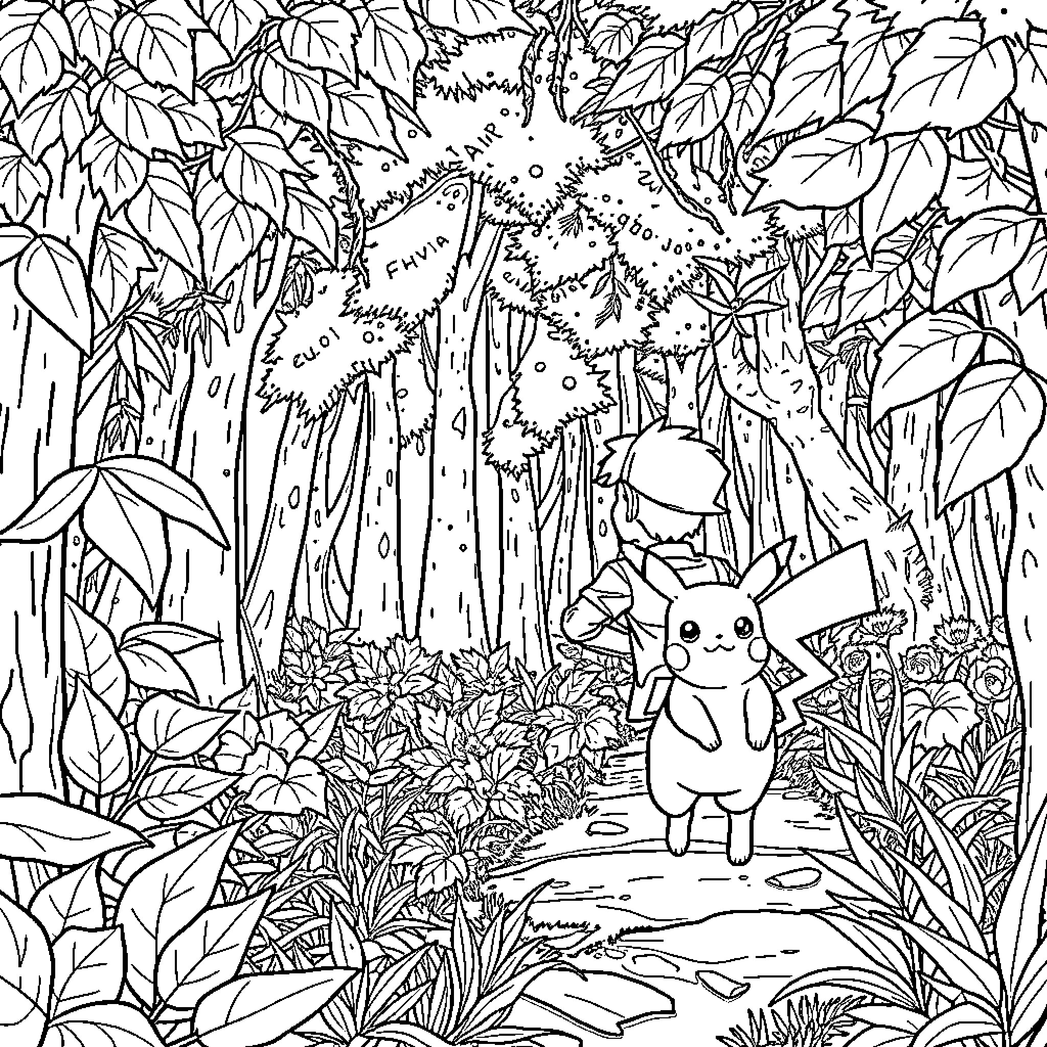 Ash Embarks on a Whimsical Adventure in the Lush Wilderness Coloring Page (free black-and-white line drawing printable PDF for all, from beginners to advanced learners, including children, teens, adults, and seniors)