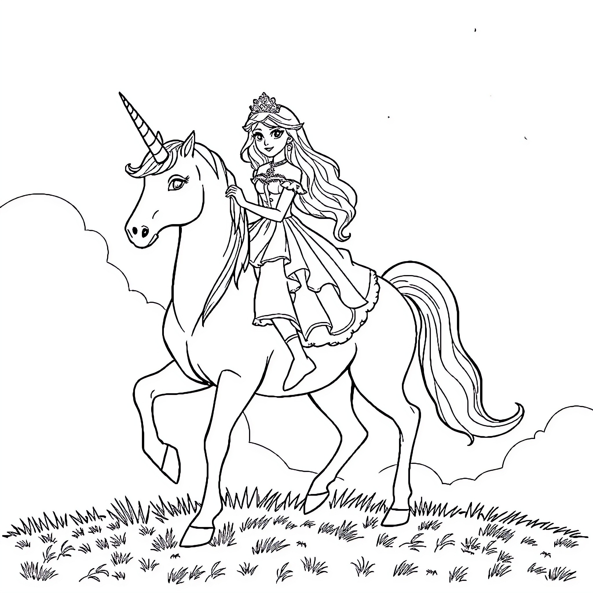 Princess riding a majestic unicorn through the meadow Coloring Page (free black-and-white line drawing printable PDF for all, from beginners to advanced learners, including children, teens, adults, and seniors)