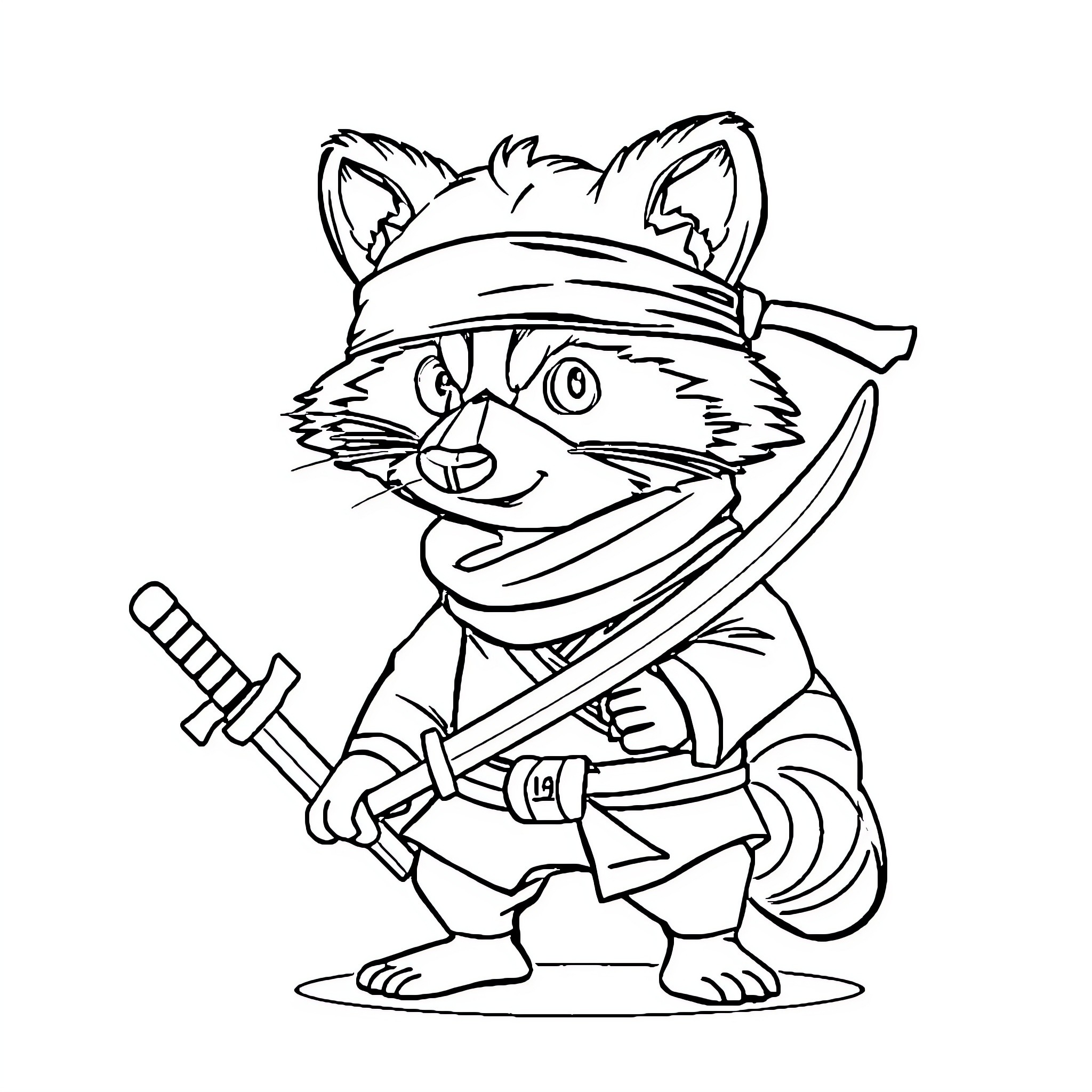 Ninja Raccoon in Fighting Stance with Sword Coloring Page (free black-and-white line drawing printable PDF for all, from beginners to advanced learners, including children, teens, adults, and seniors)