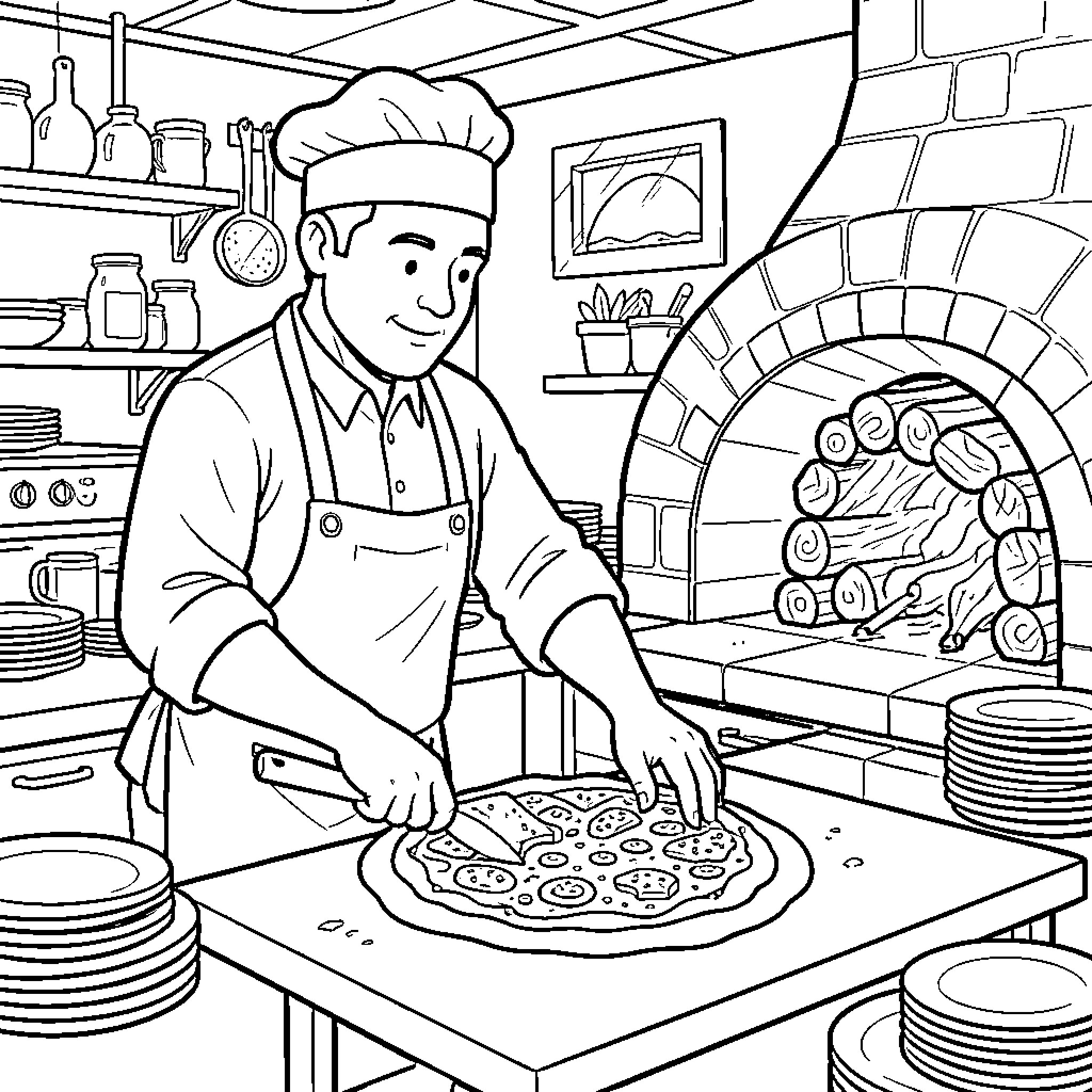 Pizzaiolo preparing delicious pizza in the kitchen Coloring Page (free black-and-white line drawing printable PDF for all, from beginners to advanced learners, including children, teens, adults, and seniors)