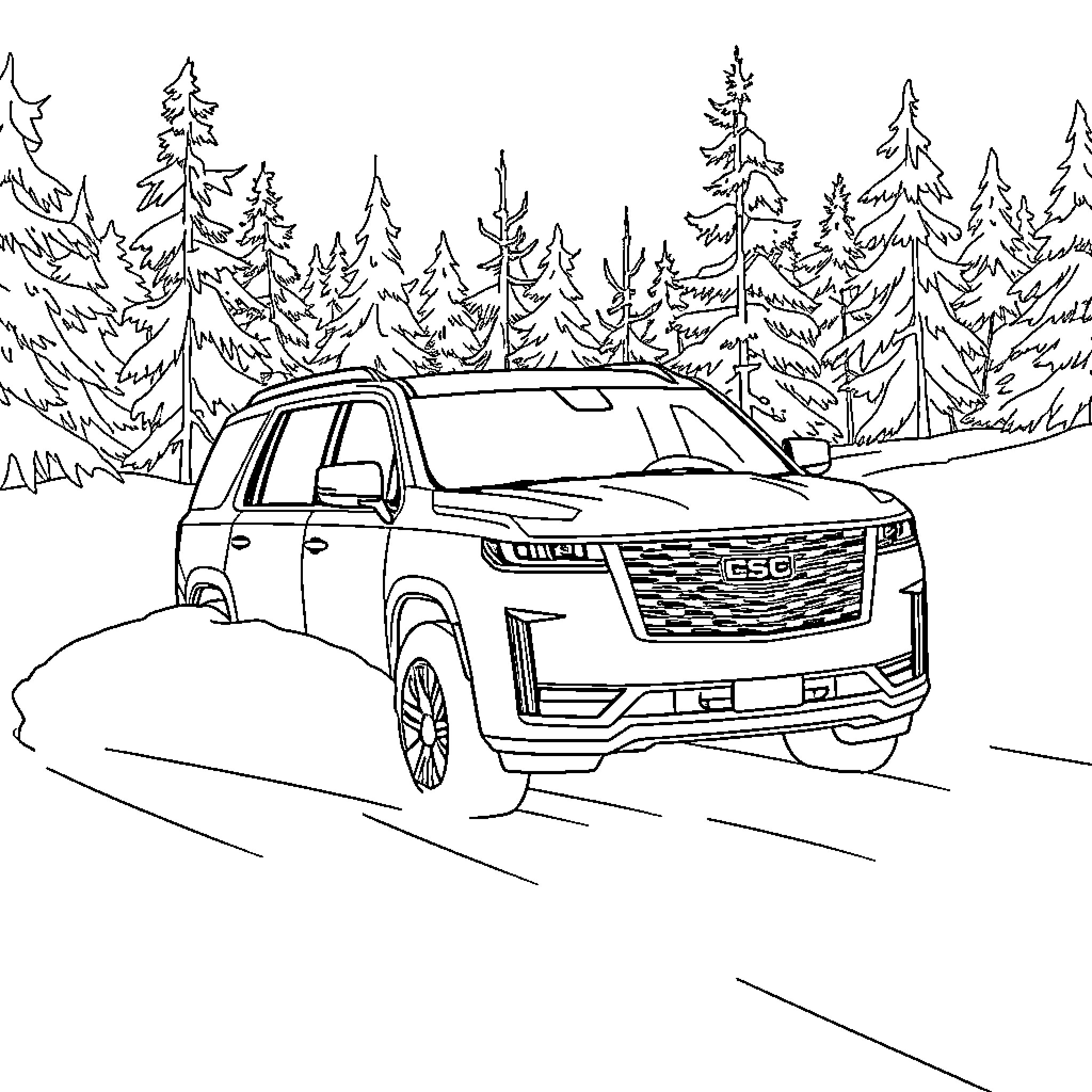 Escalade Traversing Snowy Terrain in the Woods Coloring Page (free black-and-white line drawing printable PDF for all, from beginners to advanced learners, including children, teens, adults, and seniors)