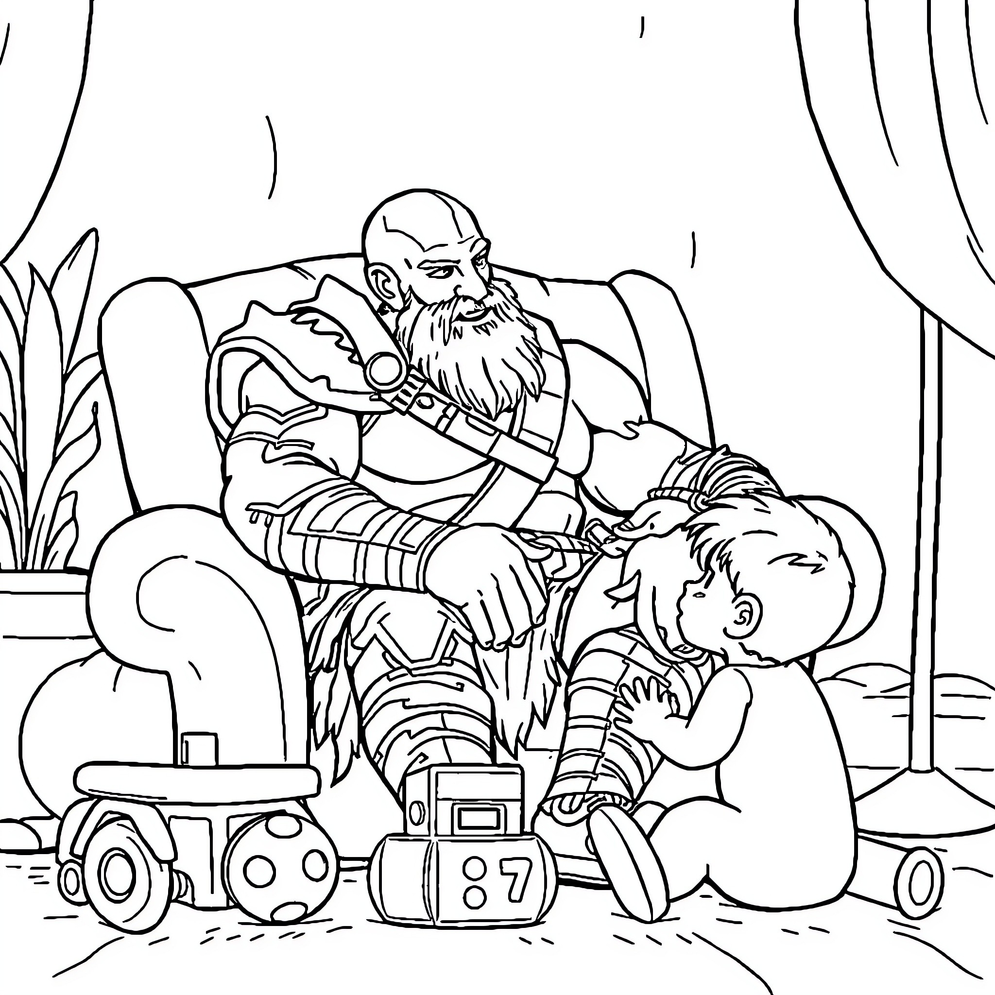 Kratos Comforting a Child in a Cozy Interior Coloring Page (free black-and-white line drawing printable PDF for all, from beginners to advanced learners, including children, teens, adults, and seniors)