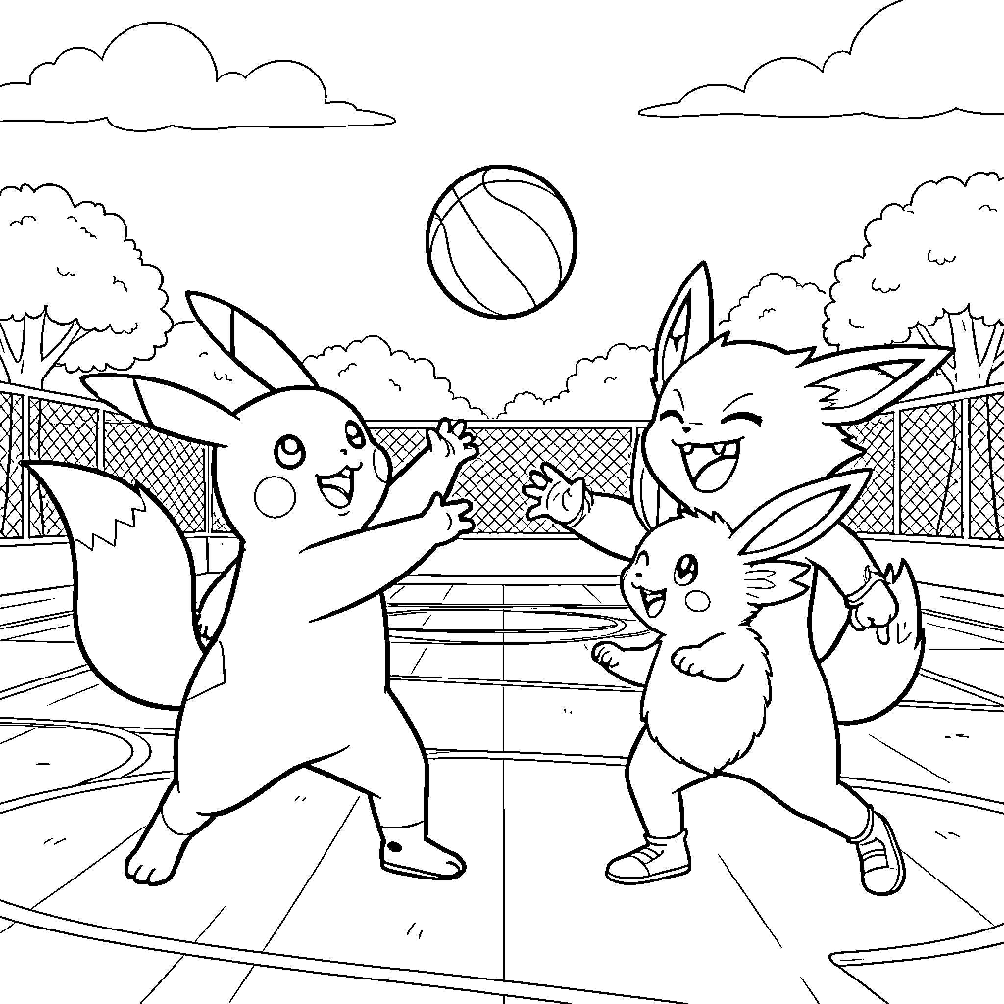 Pokémon characters playing basketball on the court Coloring Page (free black-and-white line drawing printable PDF for all, from beginners to advanced learners, including children, teens, adults, and seniors)