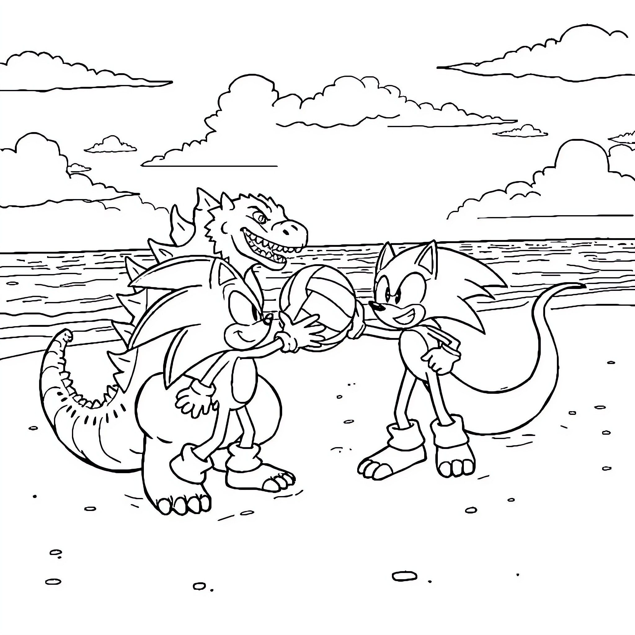 Godzilla and friends play on the beach Coloring Page (free black-and-white line drawing printable PDF for all, from beginners to advanced learners, including children, teens, adults, and seniors)