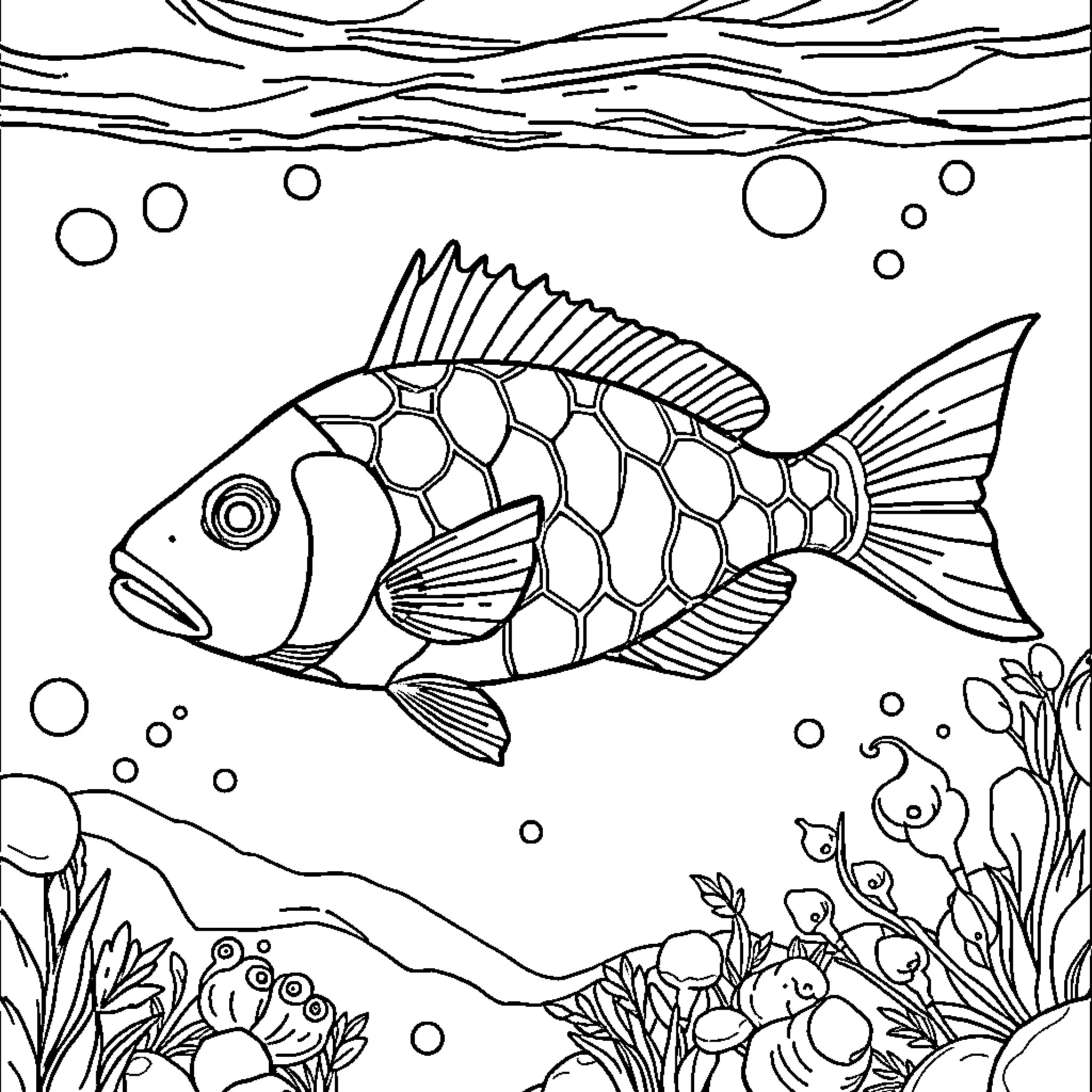 Fish swimming among coral in the sea Coloring Page (free black-and-white line drawing printable PDF for all, from beginners to advanced learners, including children, teens, adults, and seniors)