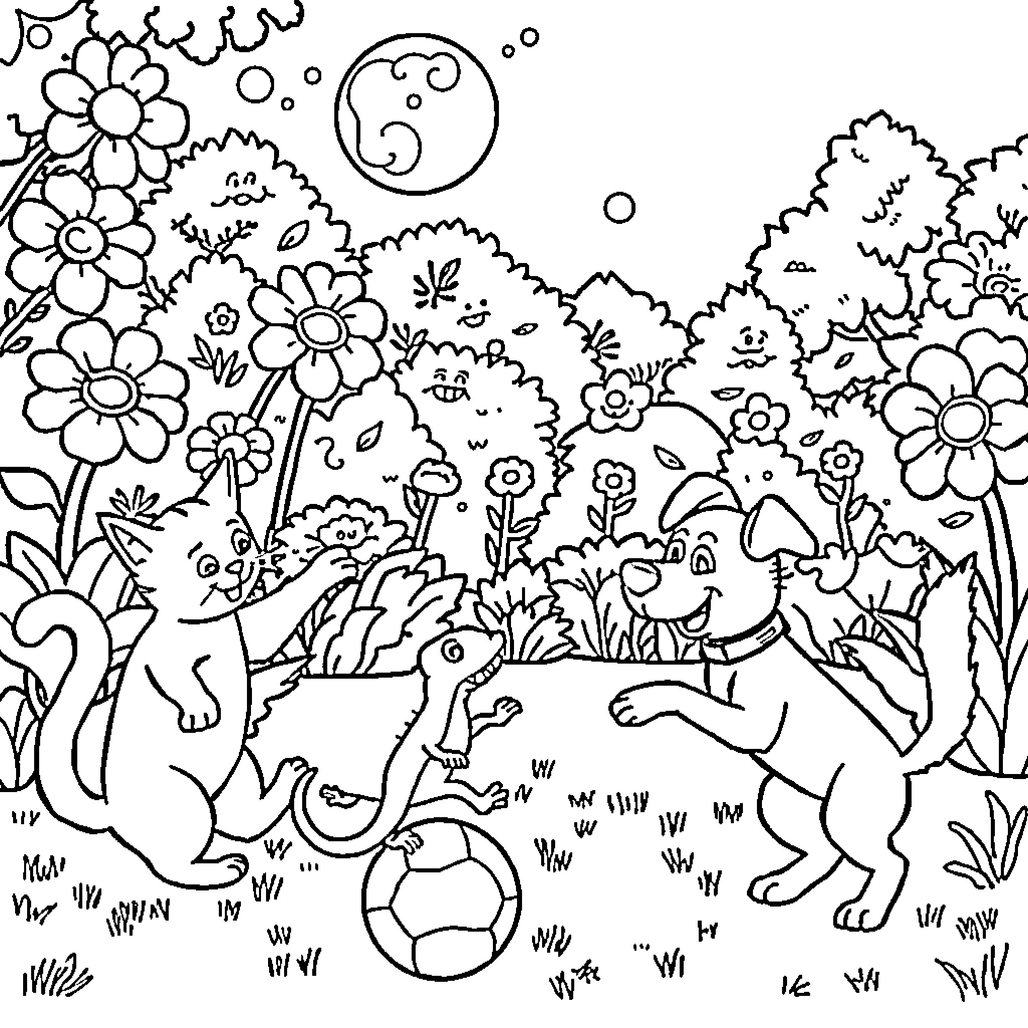 Gecko Playfully Chasing Butterflies in Floral Garden Coloring Page (free black-and-white line drawing printable PDF for all, from beginners to advanced learners, including children, teens, adults, and seniors)
