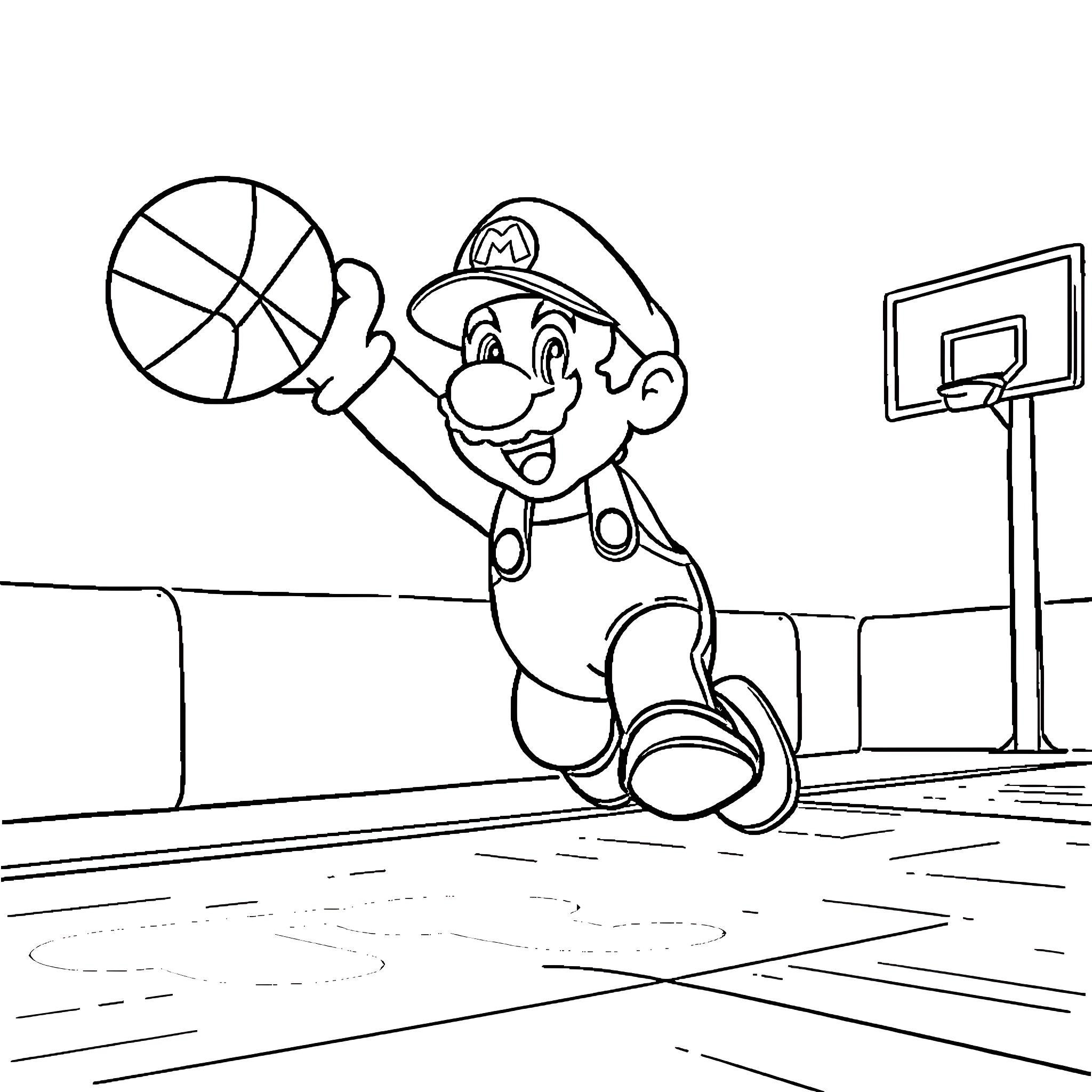 Mario Playing Basketball on the Court Coloring Page (free black-and-white line drawing printable PDF for all, from beginners to advanced learners, including children, teens, adults, and seniors)