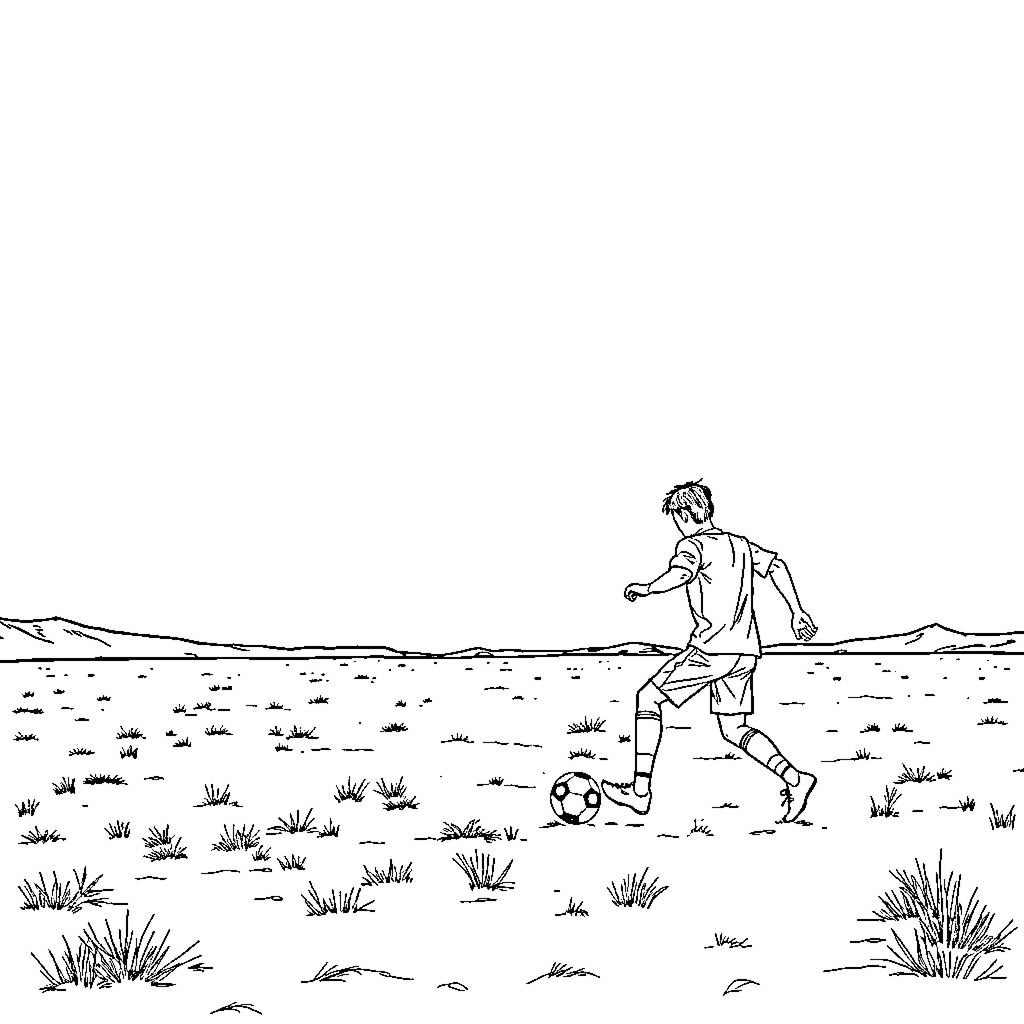 Man playing soccer alone in an open field Coloring Page (free black-and-white line drawing printable PDF for all, from beginners to advanced learners, including children, teens, adults, and seniors)