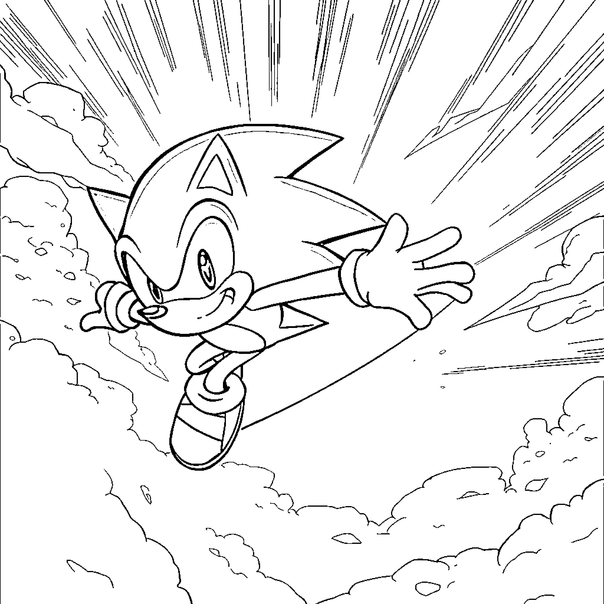Sonic the Hedgehog racing through clouds with speed Coloring Page (free black-and-white line drawing printable PDF for all, from beginners to advanced learners, including children, teens, adults, and seniors)