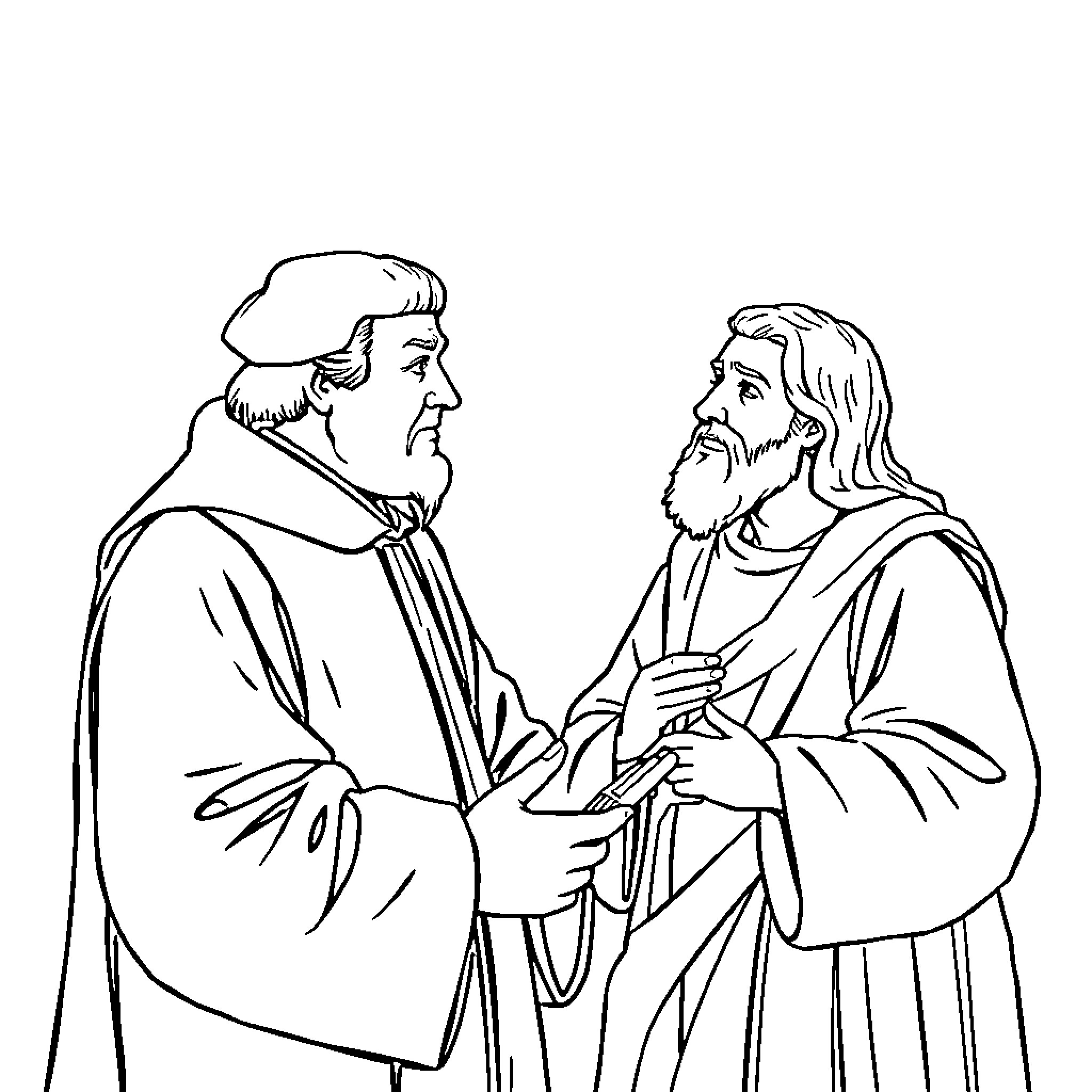 Martin Luther in discussion with a religious leader Coloring Page (free black-and-white line drawing printable PDF for all, from beginners to advanced learners, including children, teens, adults, and seniors)