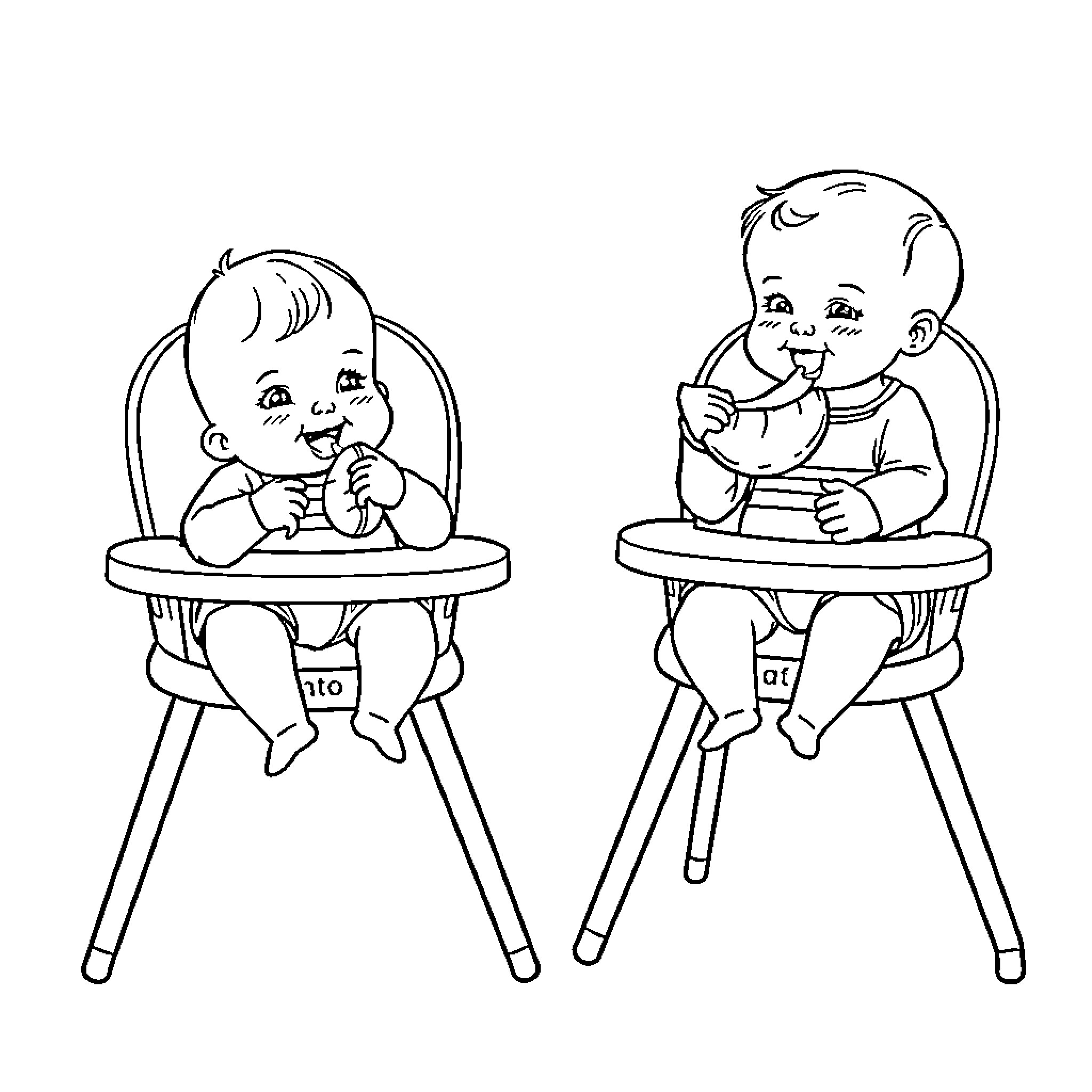 Babies enjoying snacks in high chairs Coloring Page (free black-and-white line drawing printable PDF for all, from beginners to advanced learners, including children, teens, adults, and seniors)