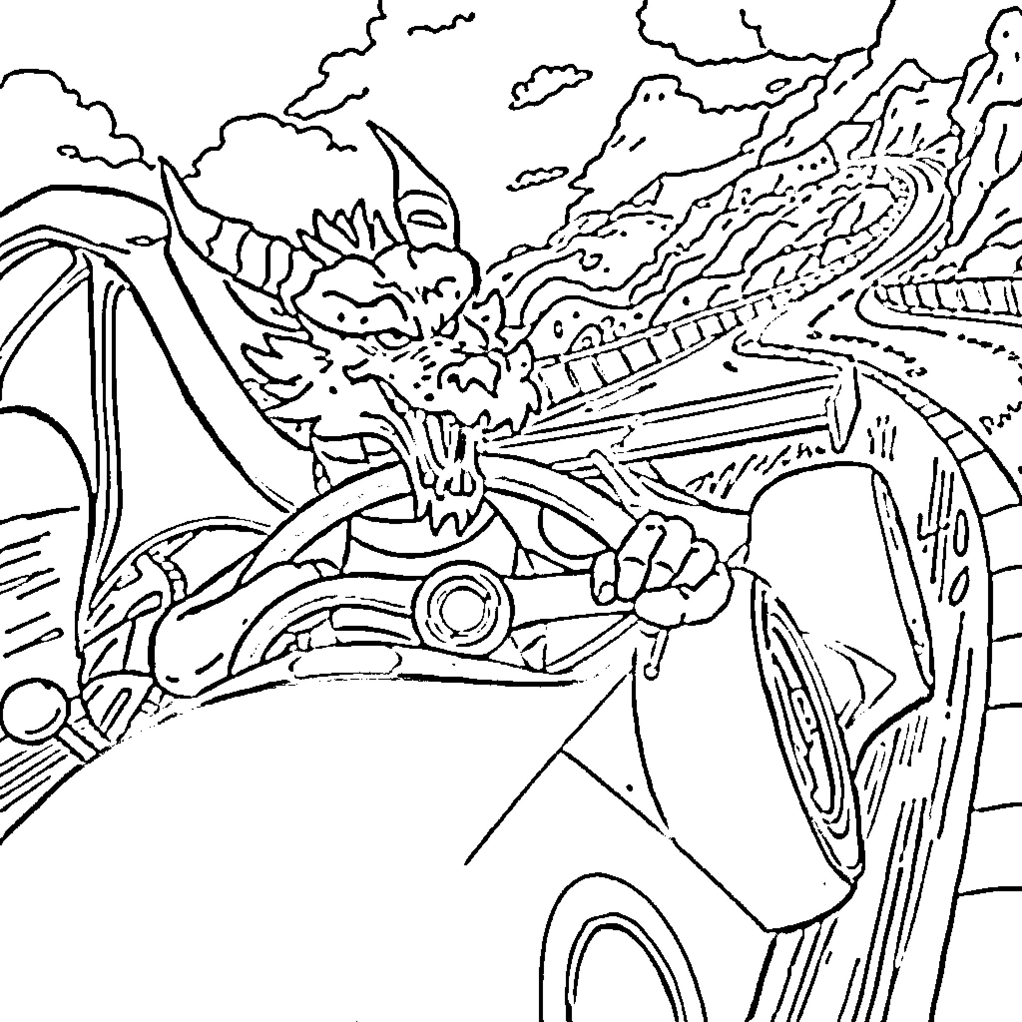 Dragon warrior wielding a sword in a fantastical landscape Coloring Page (free black-and-white line drawing printable PDF for all, from beginners to advanced learners, including children, teens, adults, and seniors)
