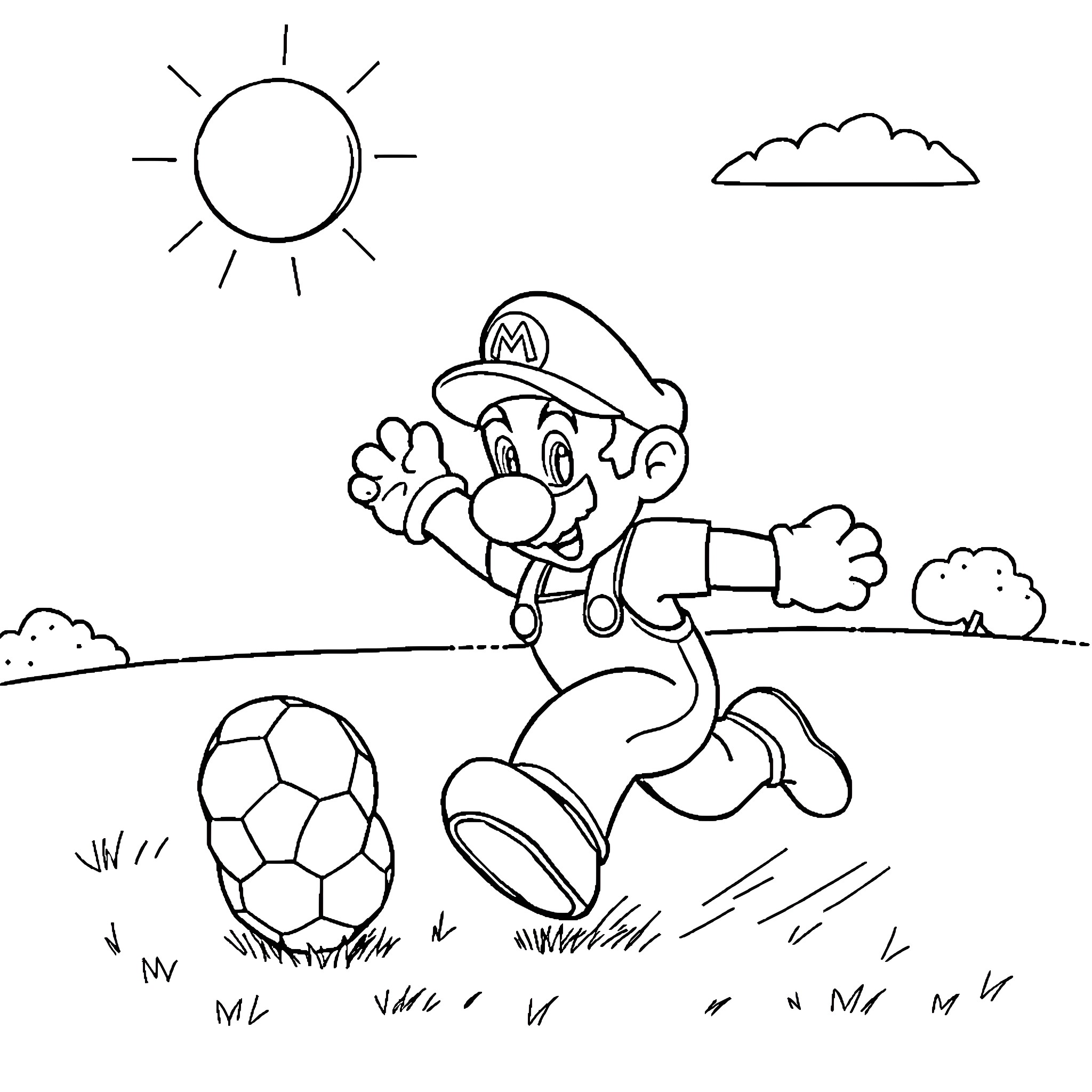 Mario enjoying a sunny day and playing soccer Coloring Page (free black-and-white line drawing printable PDF for all, from beginners to advanced learners, including children, teens, adults, and seniors)