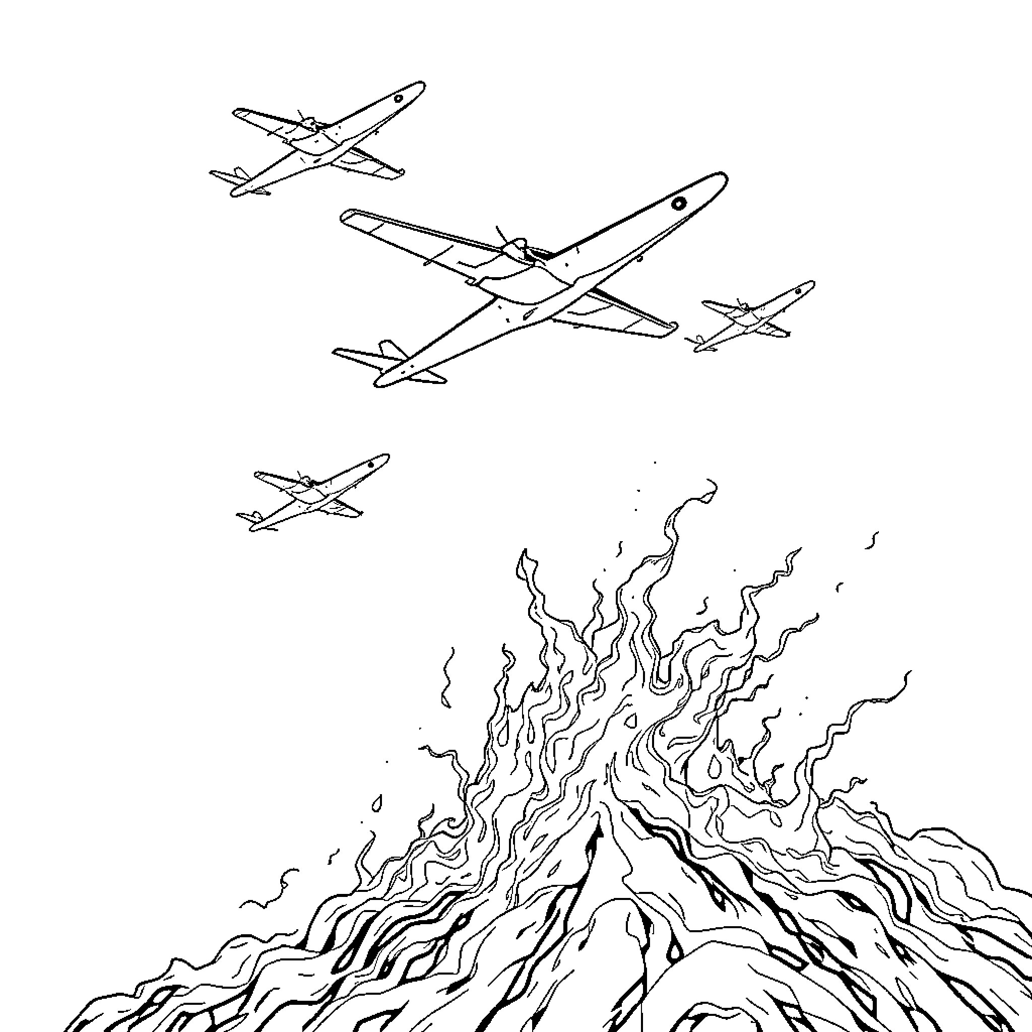 Plane flying over dramatic erupting volcano Coloring Page (free black-and-white line drawing printable PDF for all, from beginners to advanced learners, including children, teens, adults, and seniors)