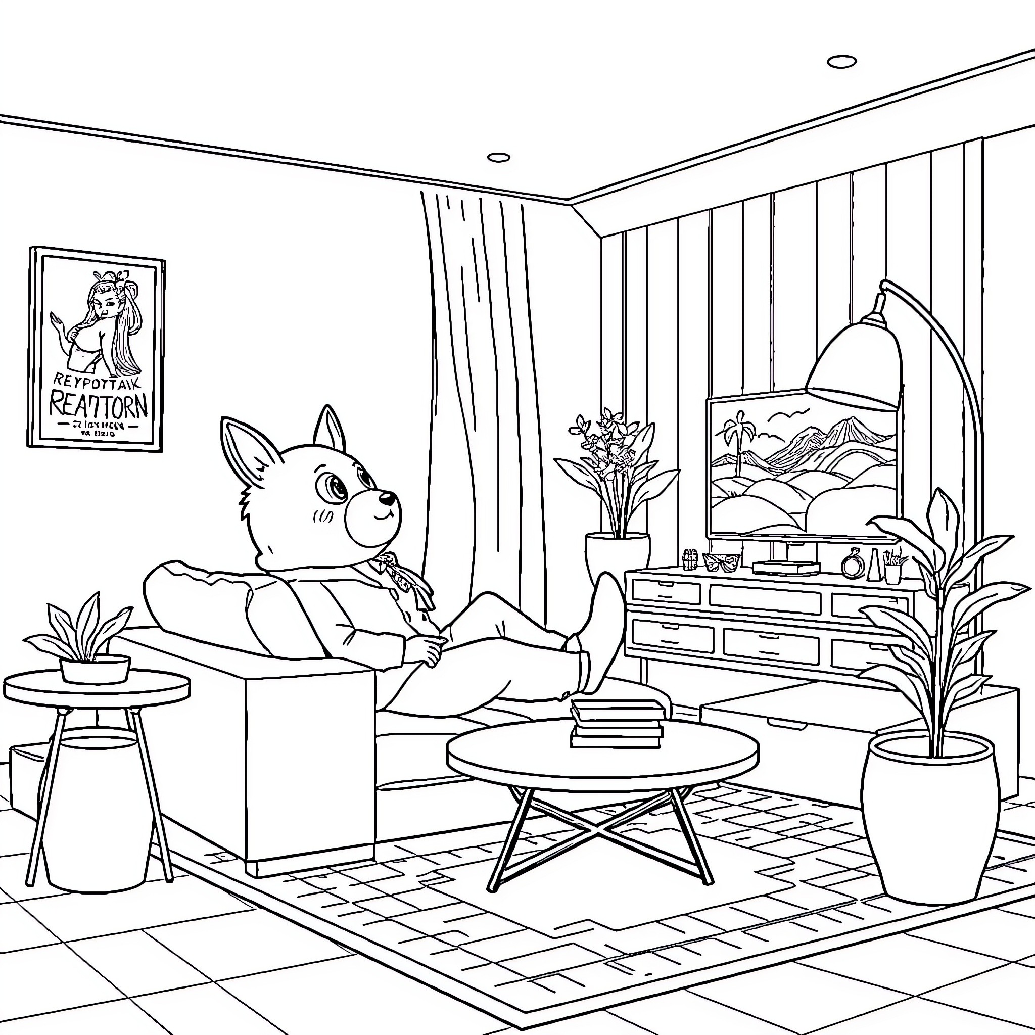 Karakter Kartun enjoying cozy indoor setting Coloring Page (free black-and-white line drawing printable PDF for all, from beginners to advanced learners, including children, teens, adults, and seniors)
