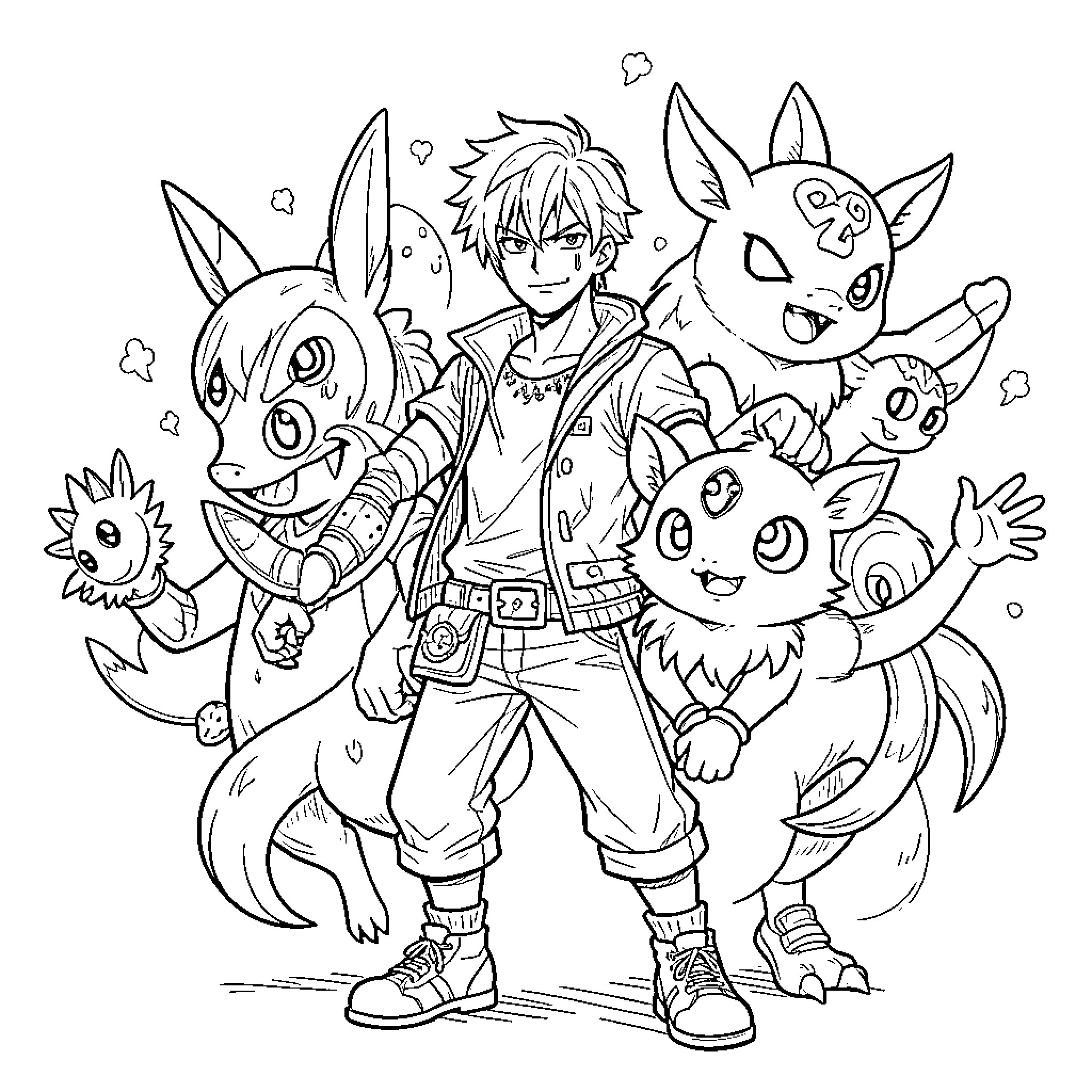 Sanji standing confidently among friendly creatures Coloring Page (free black-and-white line drawing printable PDF for all, from beginners to advanced learners, including children, teens, adults, and seniors)