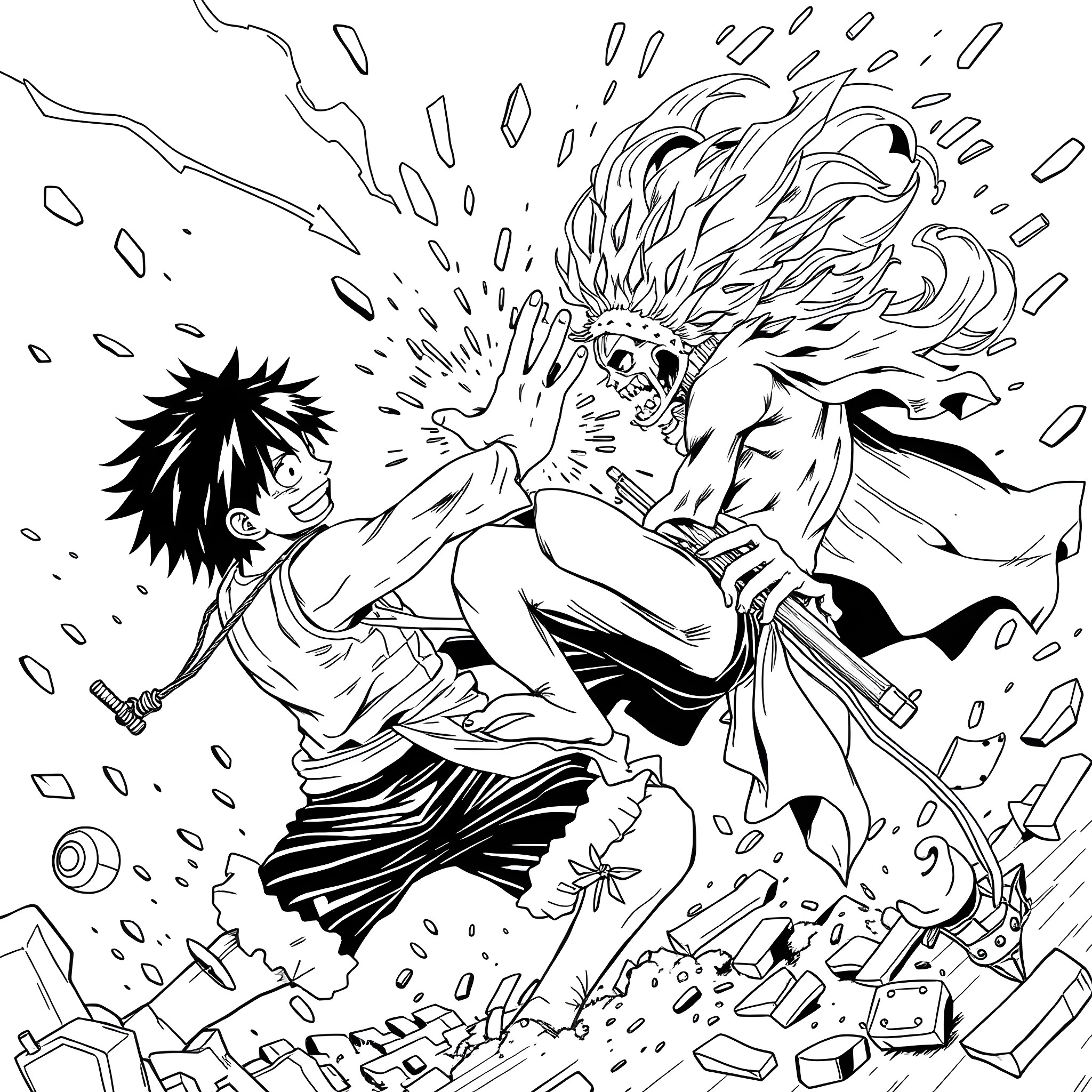Luffy's Intense Battle Against a Fierce Opponent Coloring Page (free black-and-white line drawing printable PDF for all, from beginners to advanced learners, including children, teens, adults, and seniors)