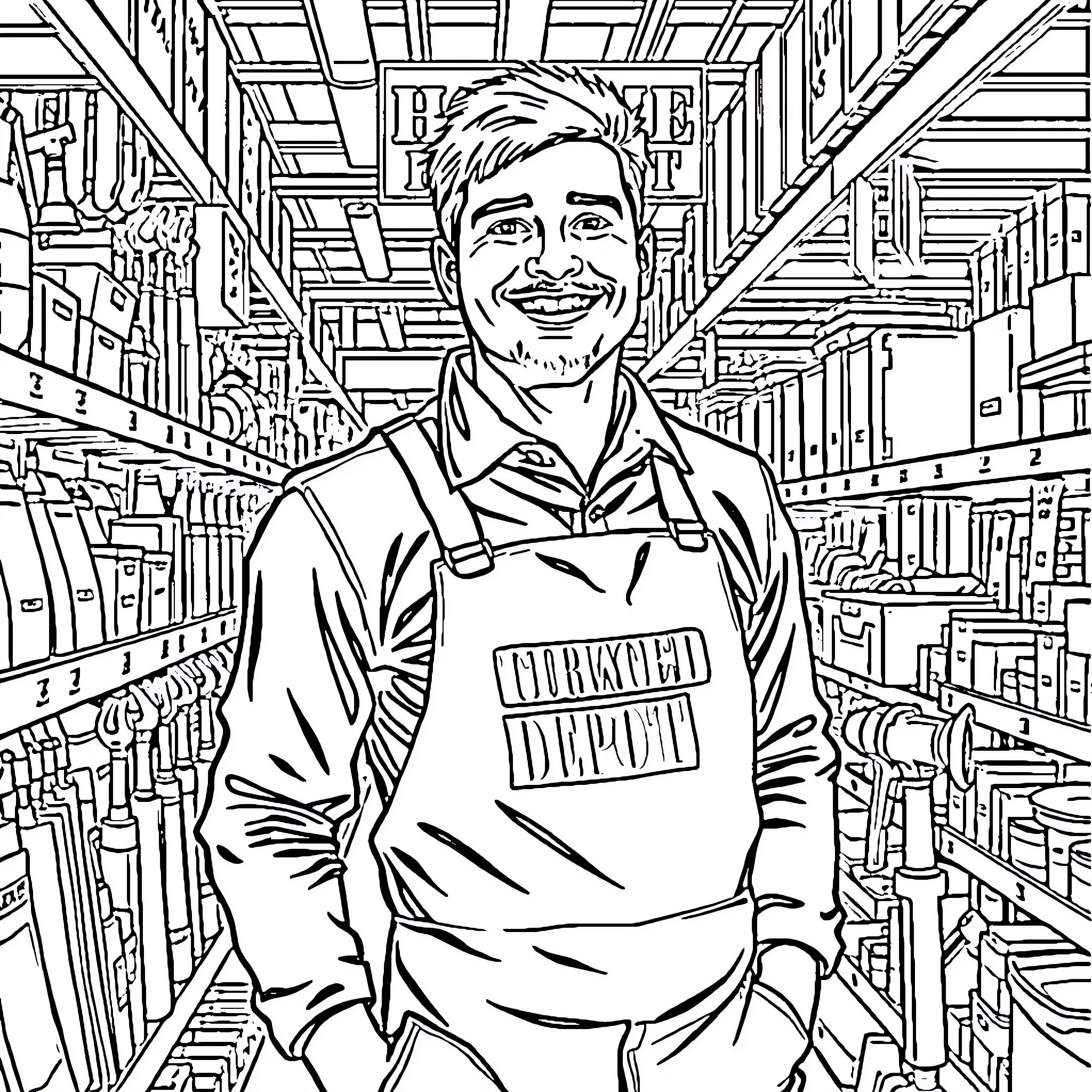 Home Depot Employee Assisting Customers in Store Coloring Page (free black-and-white line drawing printable PDF for all, from beginners to advanced learners, including children, teens, adults, and seniors)
