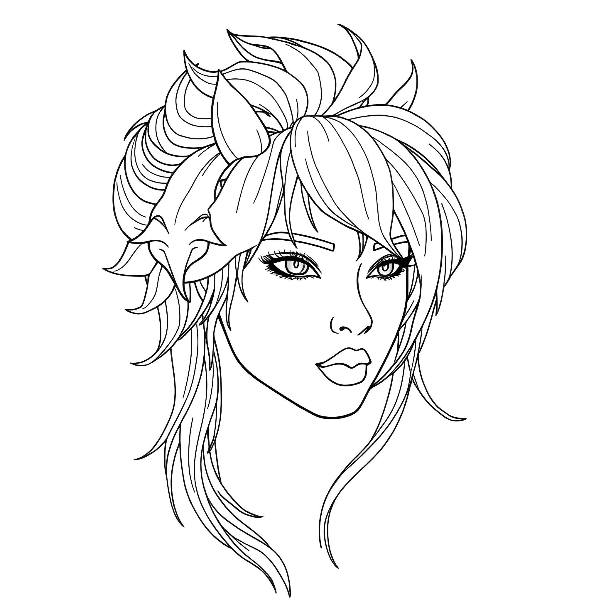 Menorah with Vibrant Hair and Thoughtful Expression Coloring Page (free black-and-white line drawing printable PDF for all, from beginners to advanced learners, including children, teens, adults, and seniors)