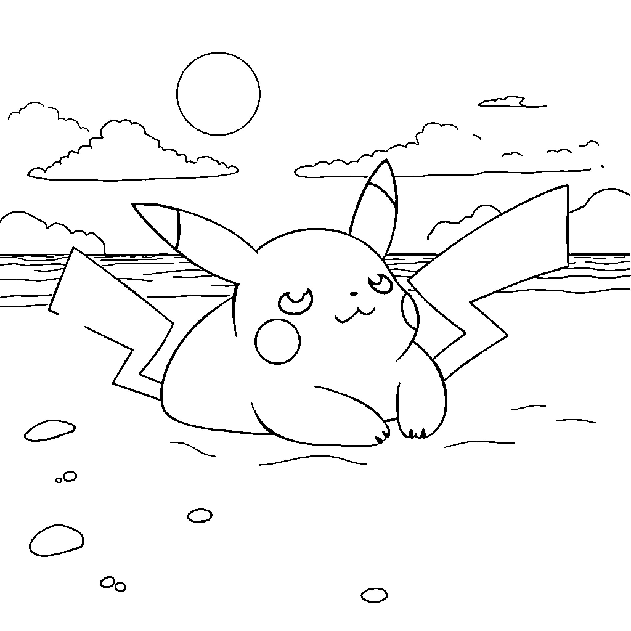 Pikachu enjoying a serene beach scene Coloring Page (free black-and-white line drawing printable PDF for all, from beginners to advanced learners, including children, teens, adults, and seniors)